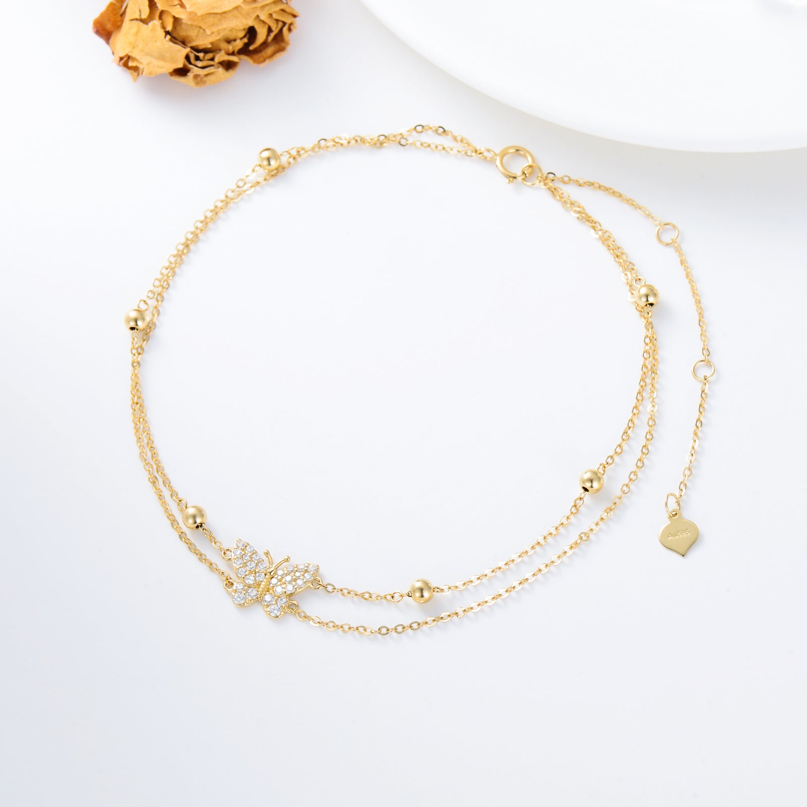 14K Gold Cubic Zirconia Butterfly Charm Bracelet