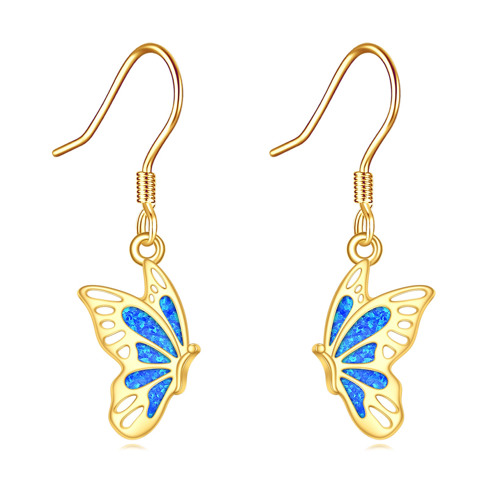 14K Gold Butterfly Earrings Opal Butterfly Dangle Earrings Solid Gold Leverback Earrings