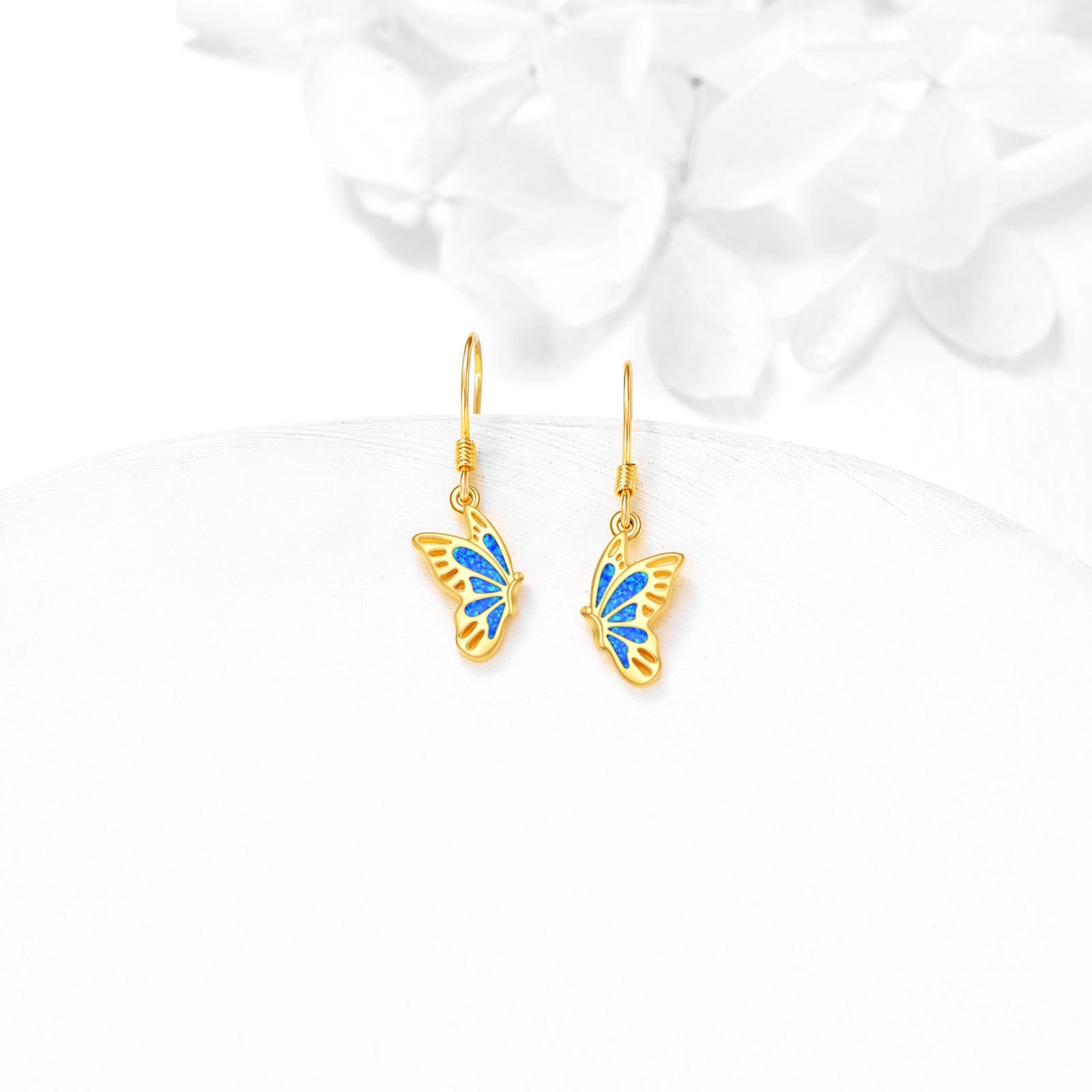 14K Gold Butterfly Earrings Opal Butterfly Dangle Earrings Solid Gold Leverback Earrings