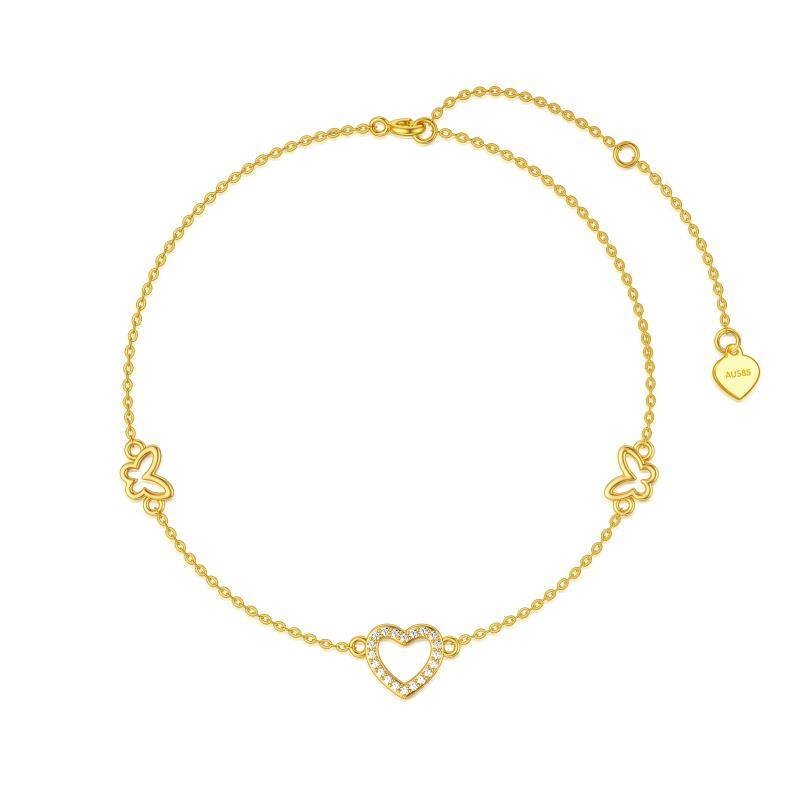 14K Gold Cubic Zirconia Butterfly & Heart Charm Bracelet