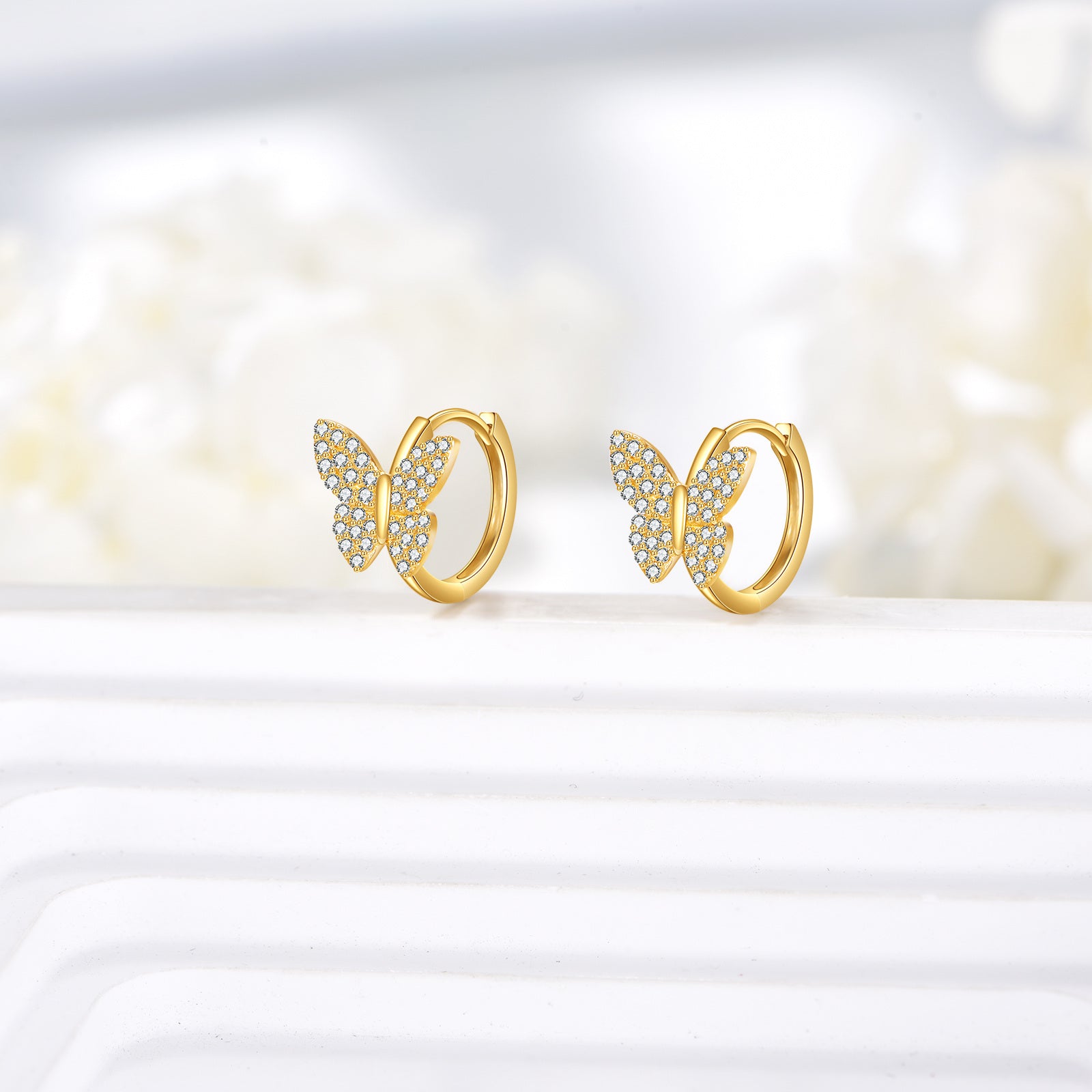 14K Gold Cubic Zirconia Butterfly Hoop Earrings