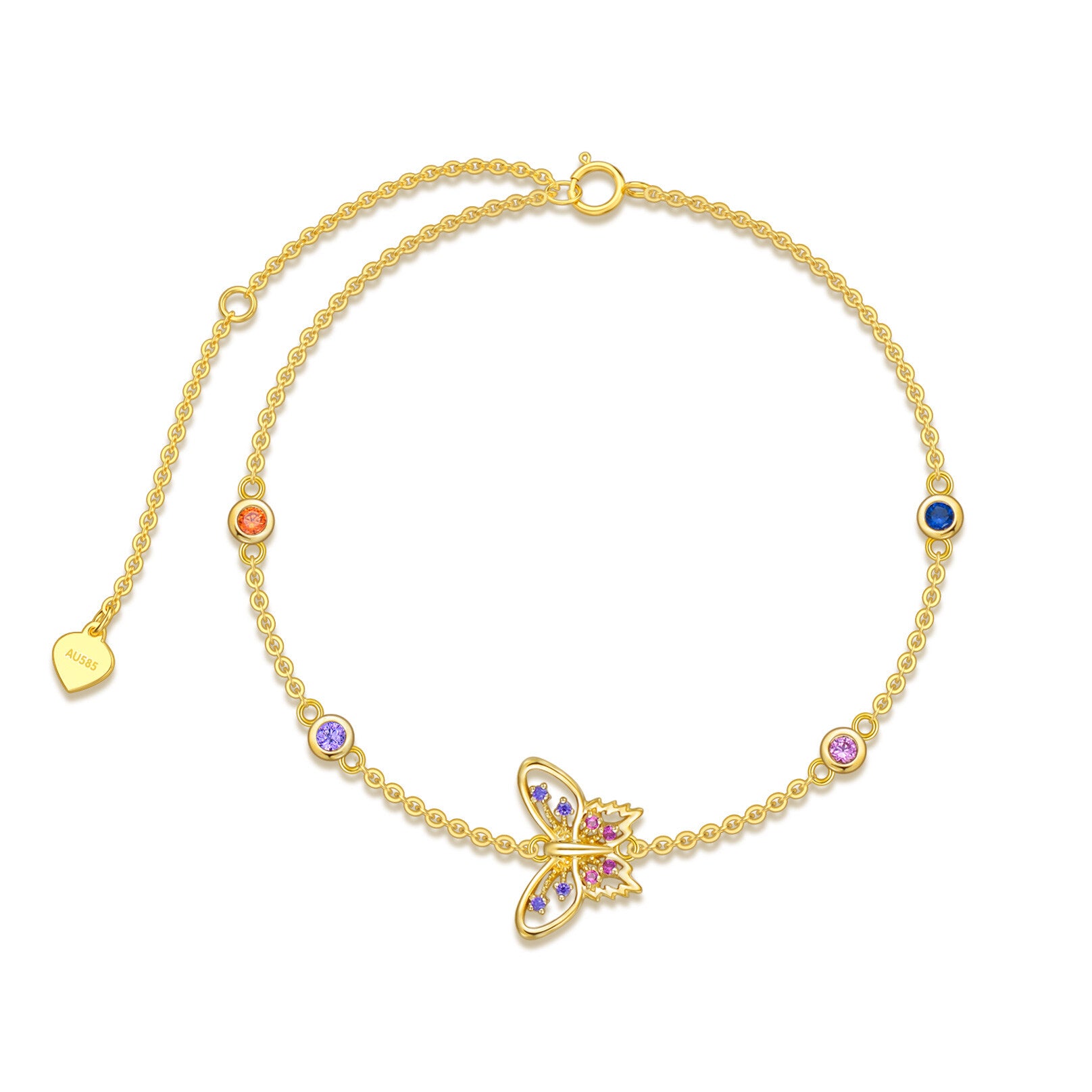14K Gold Cubic Zirconia Butterfly Charm Bracelet