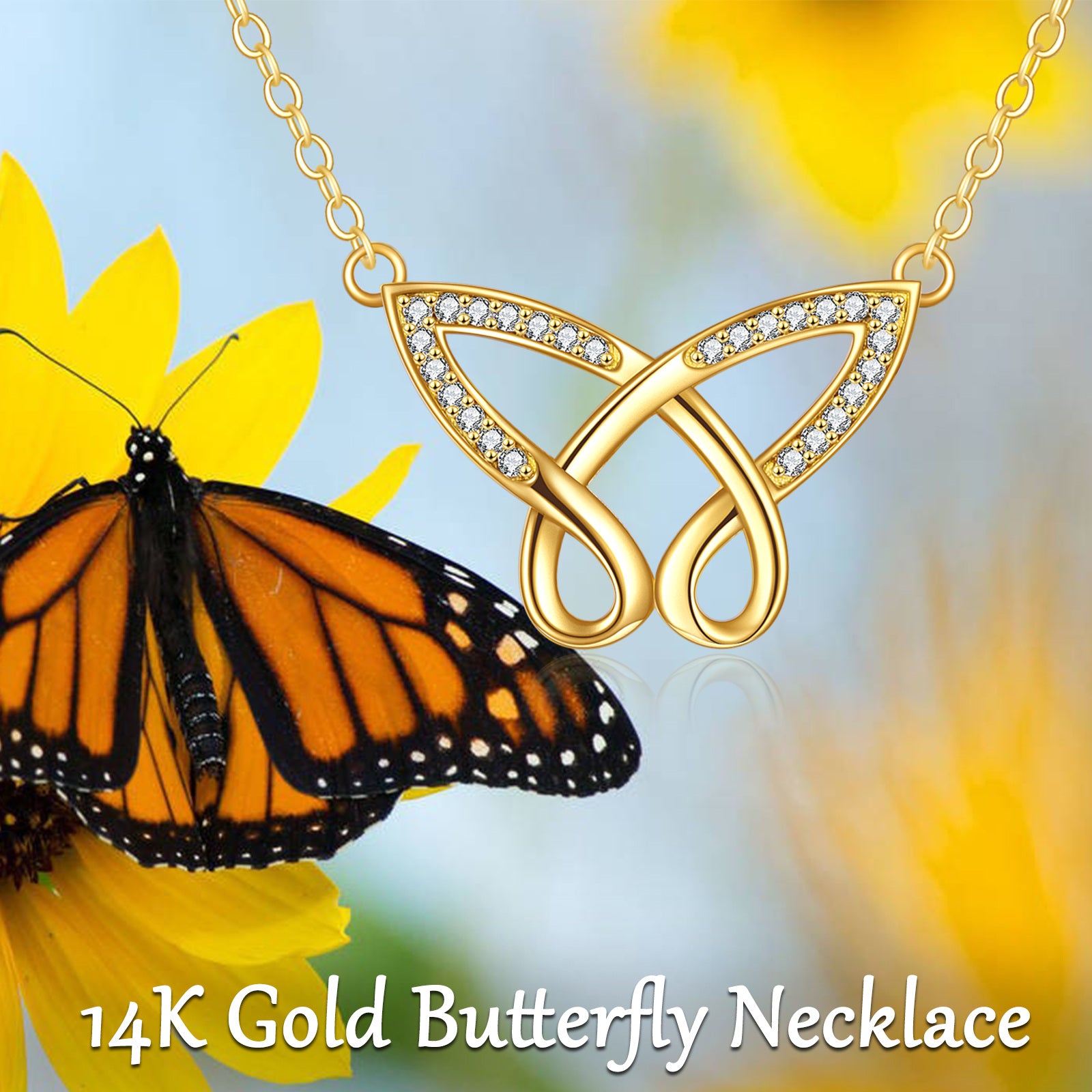 14K Gold Cubic Zirconia Butterfly Pendant Necklace