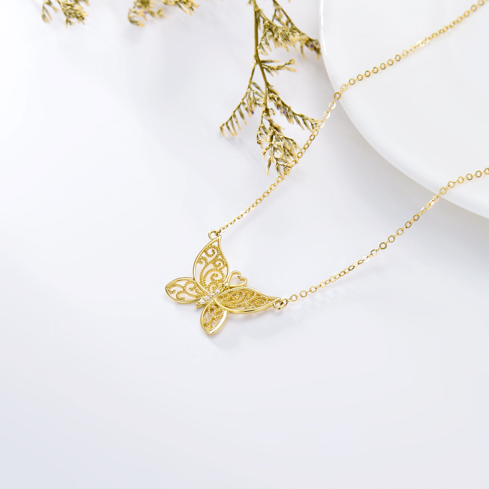 14K Gold Cubic Zirconia Butterfly Pendant Necklace