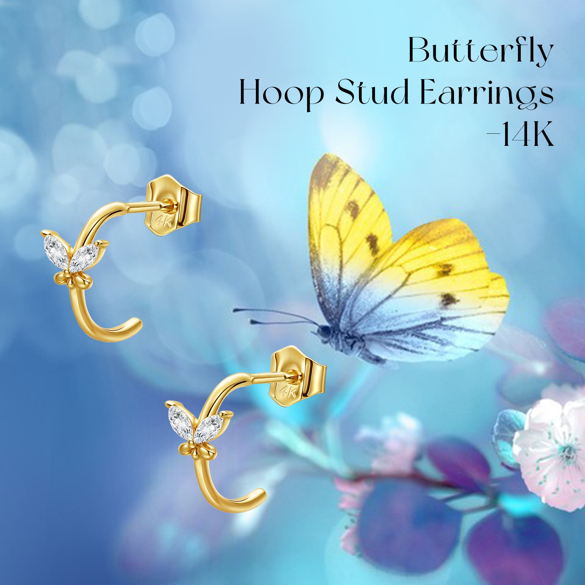14K Gold Cubic Zirconia Butterfly Stud Earrings