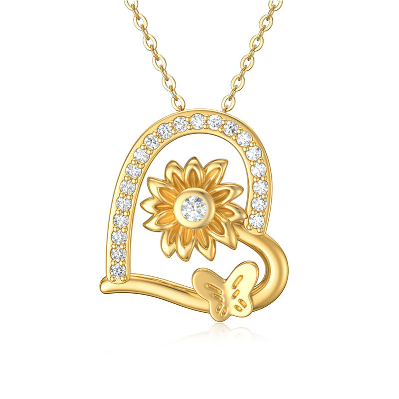 14K Gold Heart Butterfly & Sunflower Pendant Necklace With 5A Austrian Crystal