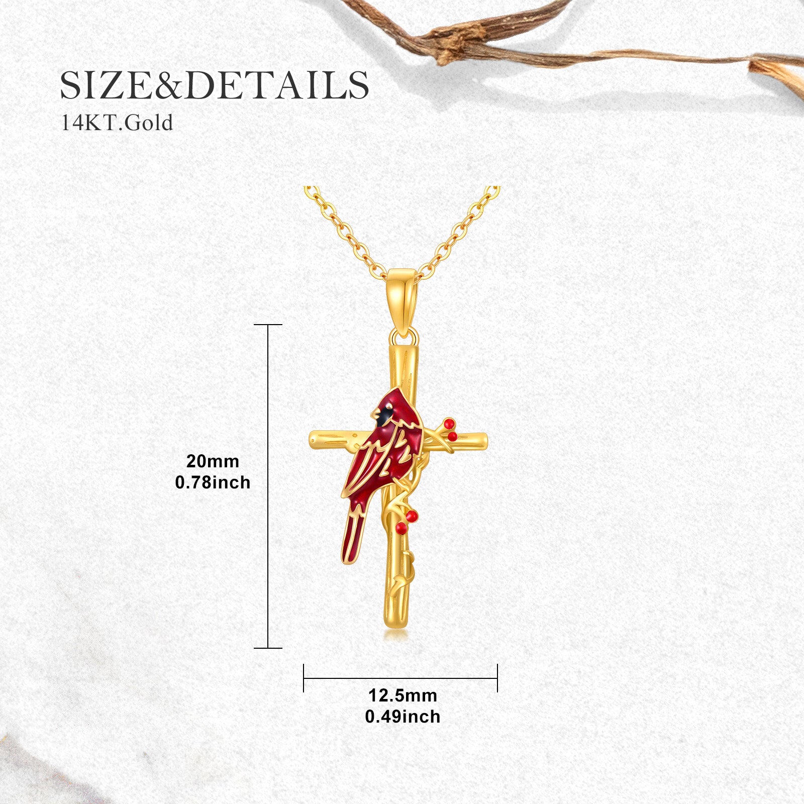 14K Gold Cardinal & Cross Pendant Necklace