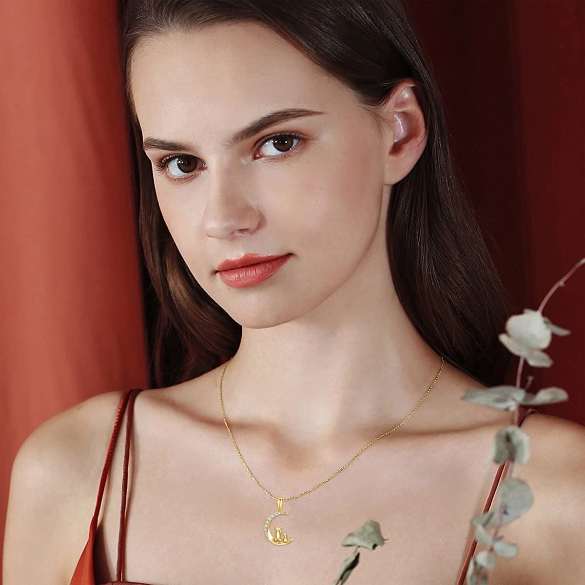 14K Gold Cubic Zirconia Cat Dog And Moon Pendant Necklace For Women