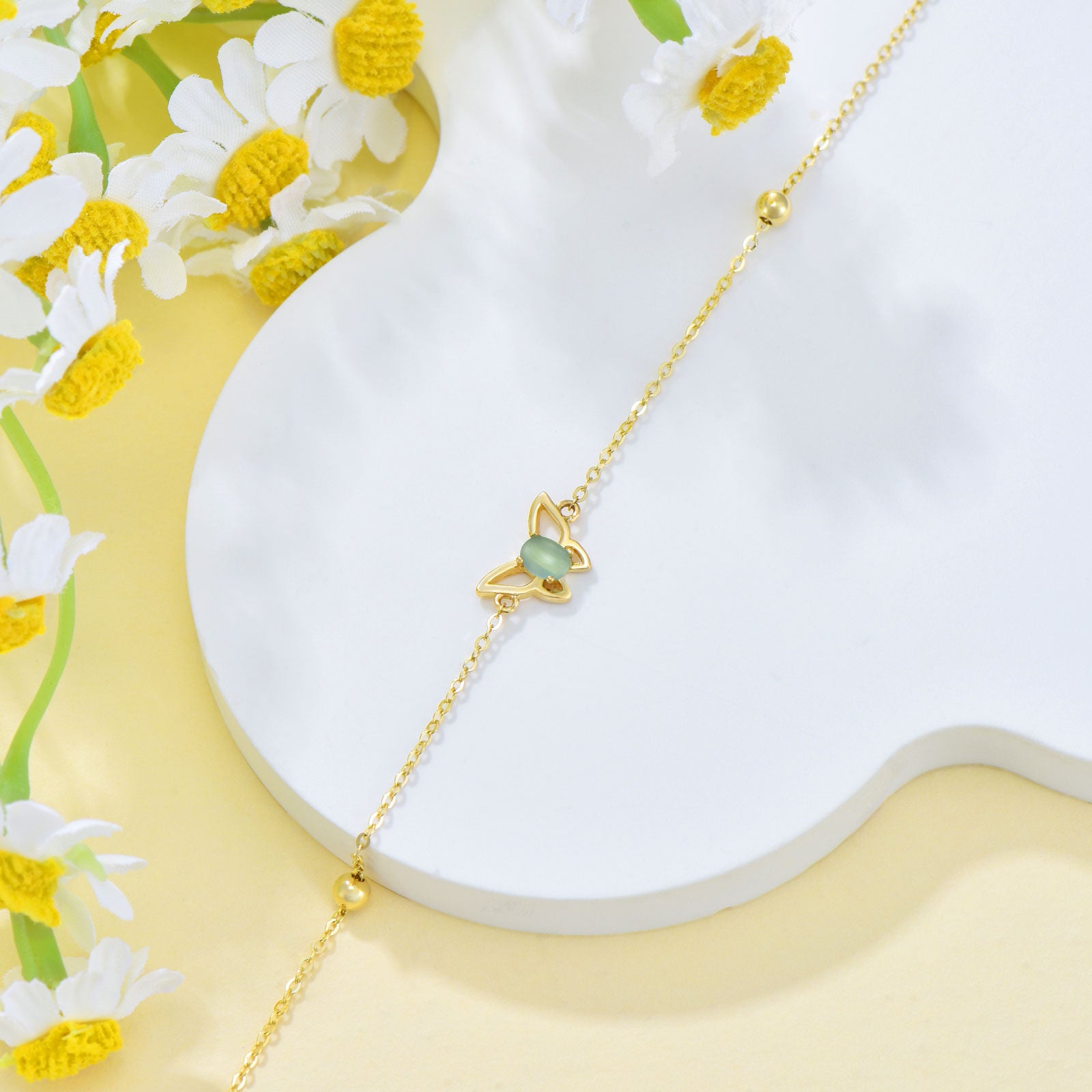 14K Gold Cat's Eye Stone Butterfly Charm Bracelet