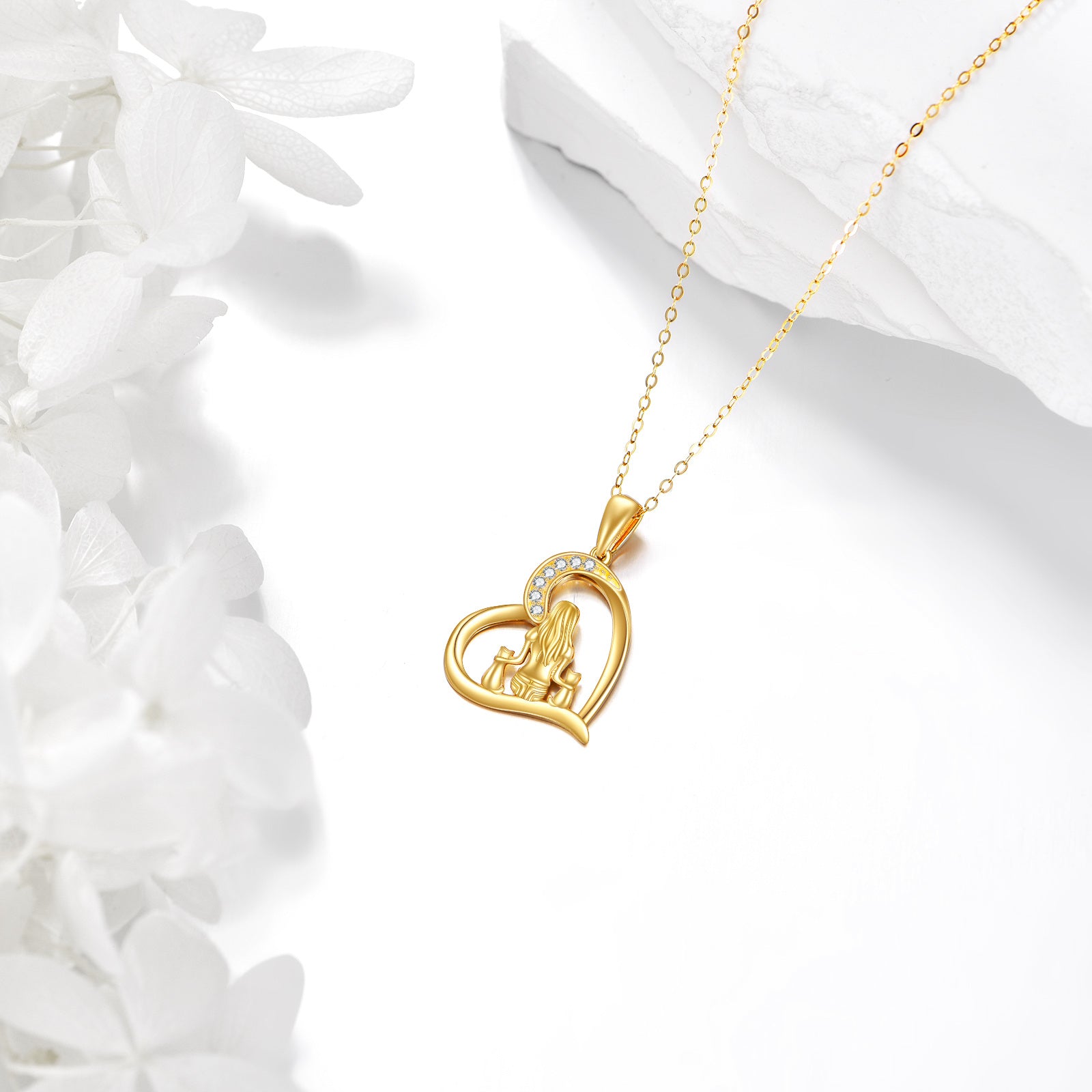 14K Gold Cubic Zirconia Two Cat & Girl Heart Pendant Necklace