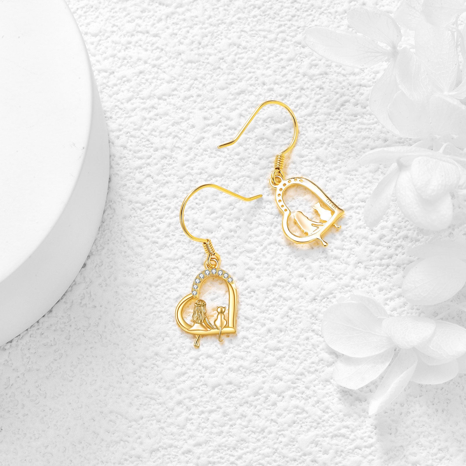 14K Gold Cubic Zirconia Cat & Heart Drop Earrings