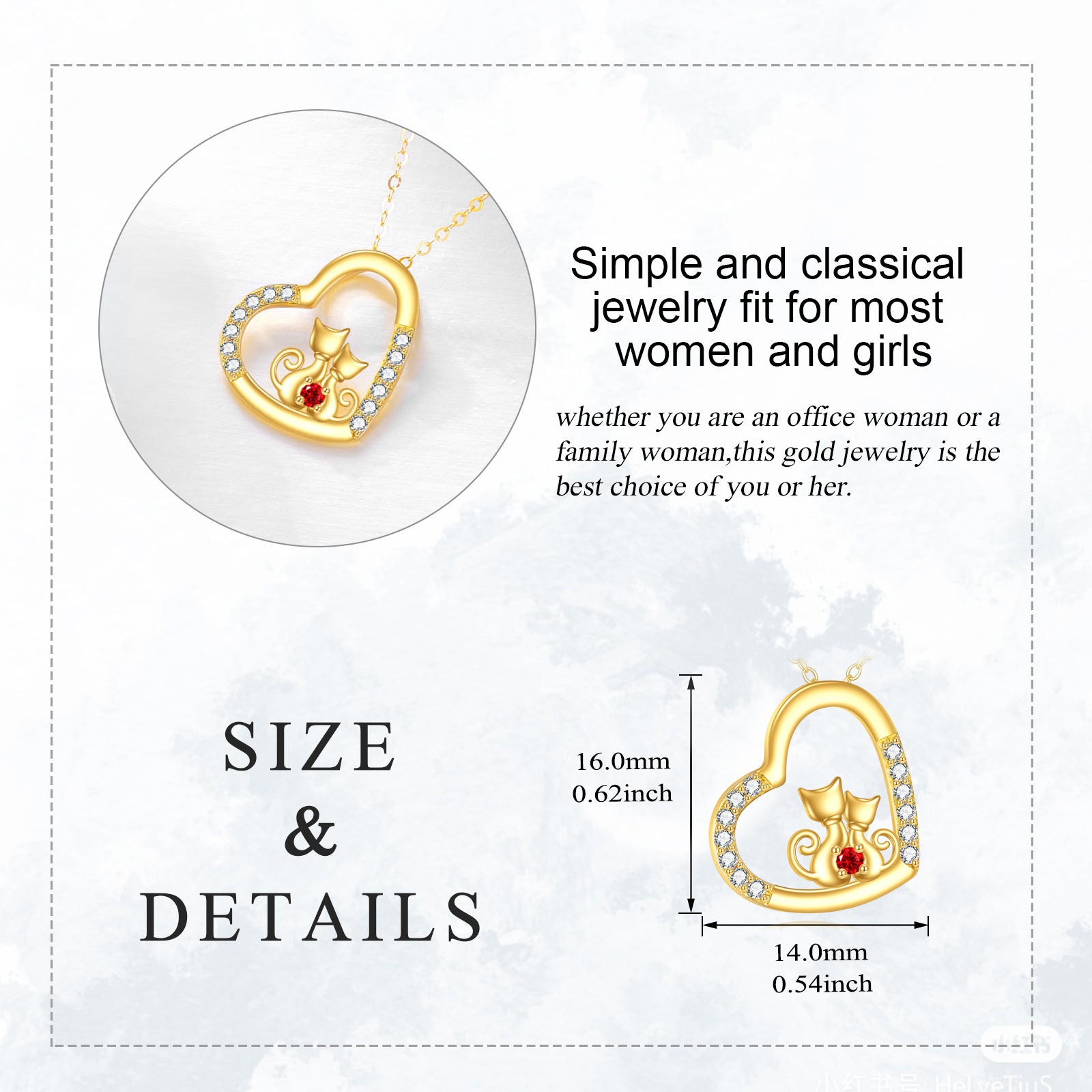 14K Gold Cubic Zirconia Two Cat & Heart Pendant Necklace