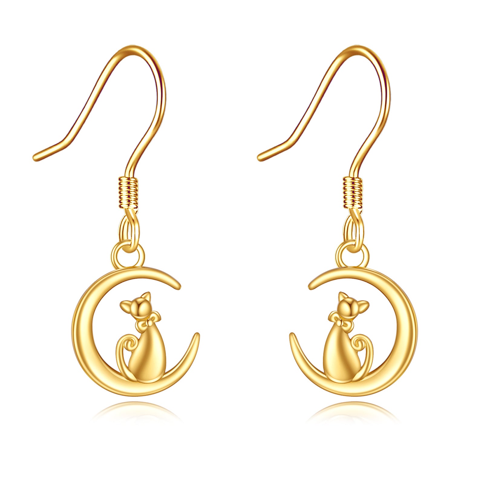 14K Gold Cat & Moon Drop Earrings