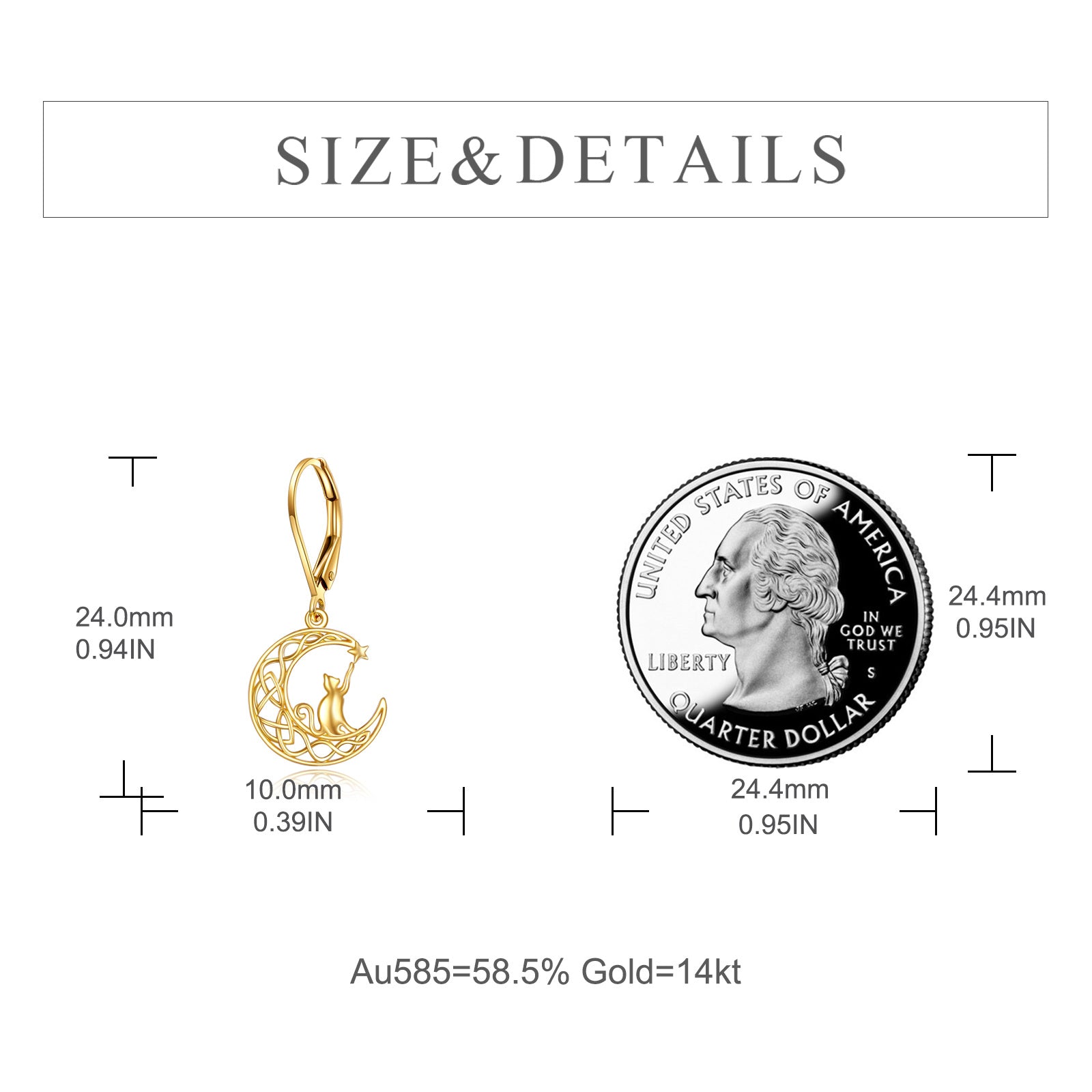 14K Gold Cat & Moon Drop Earrings