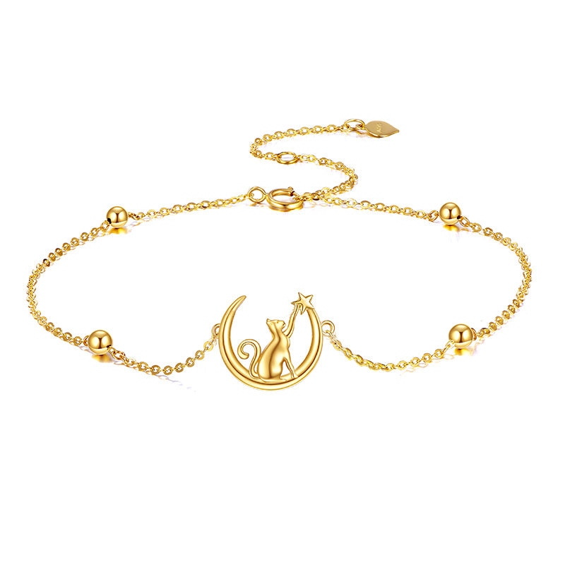14K Gold Cat & Moon Charm Bracelet