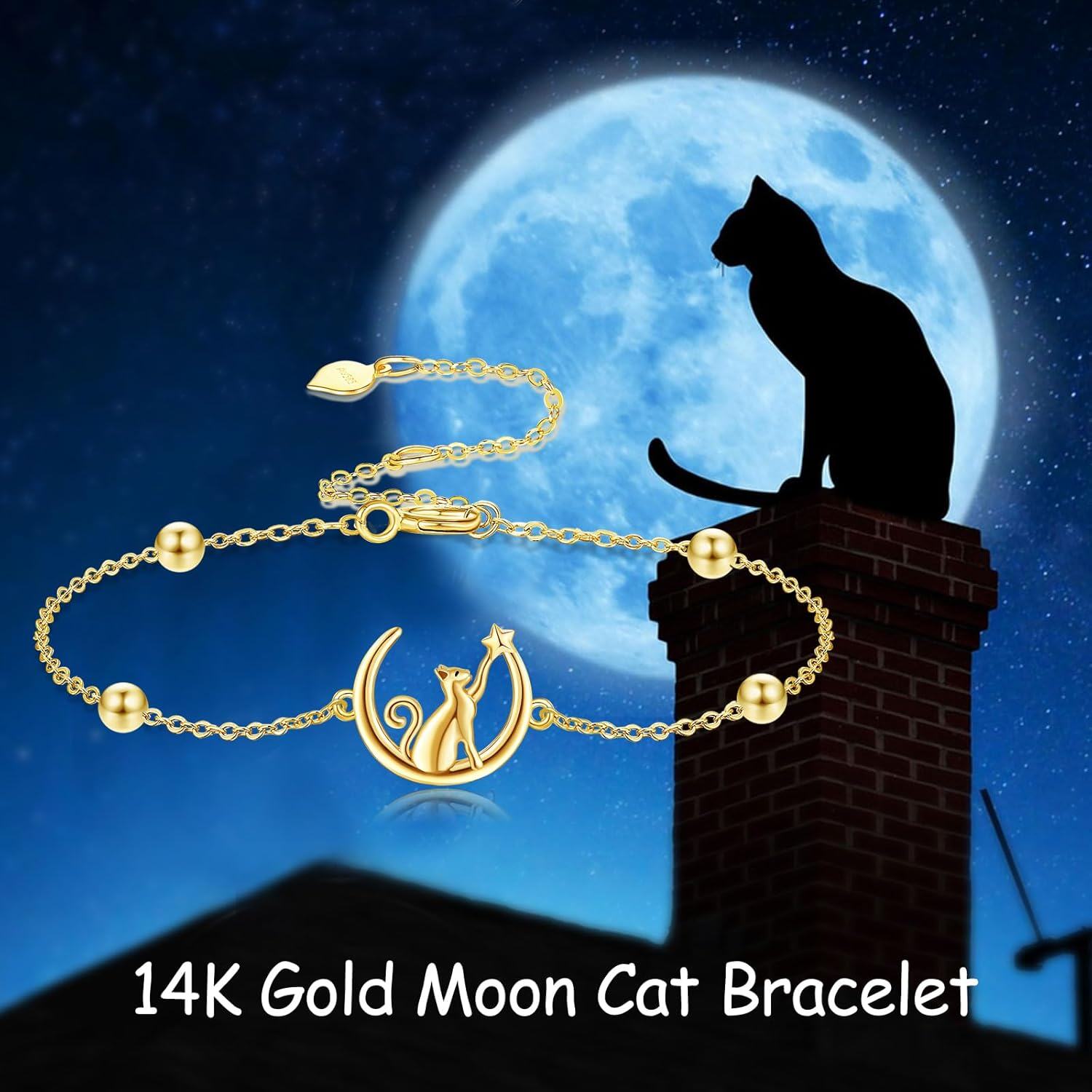 14K Gold Cat & Moon Charm Bracelet