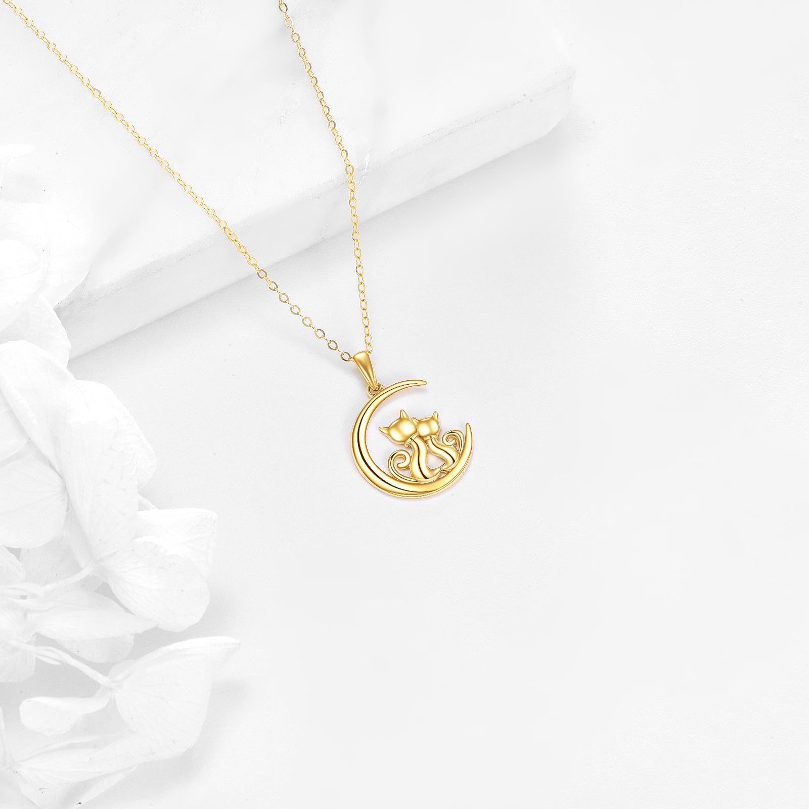 14K Gold Cat & Moon Pendant Necklace