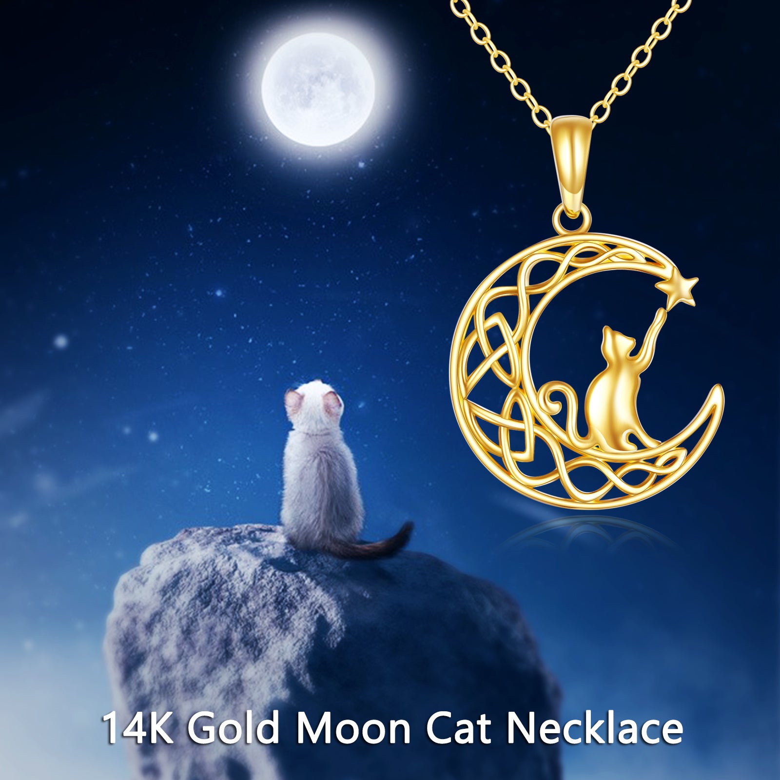 14K Gold Cat & Moon Pendant Necklace