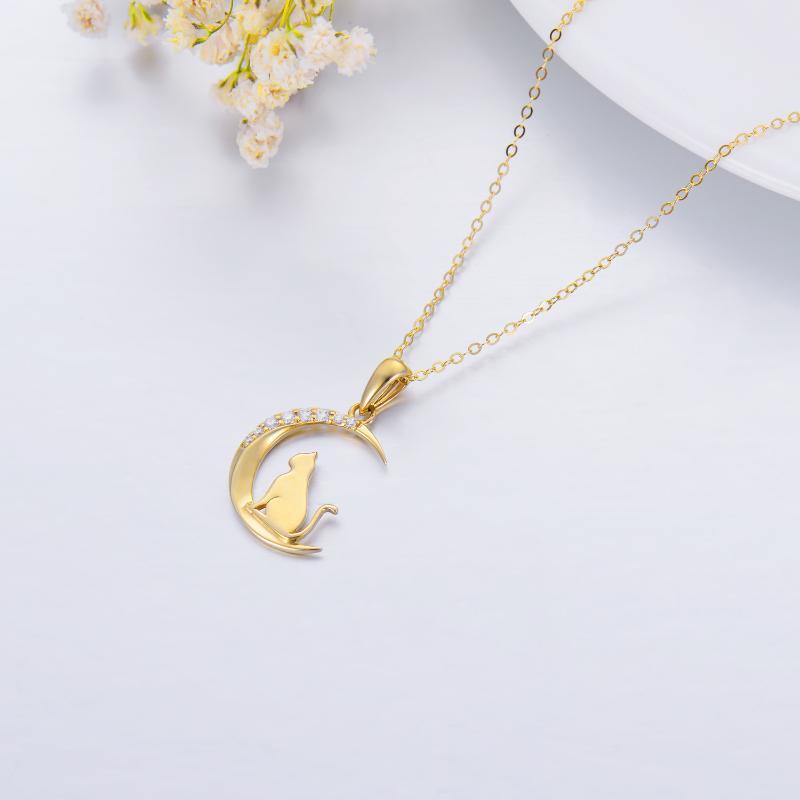 14K Gold Cubic Zirconia Cat & Moon Pendant Necklace For Women Mom