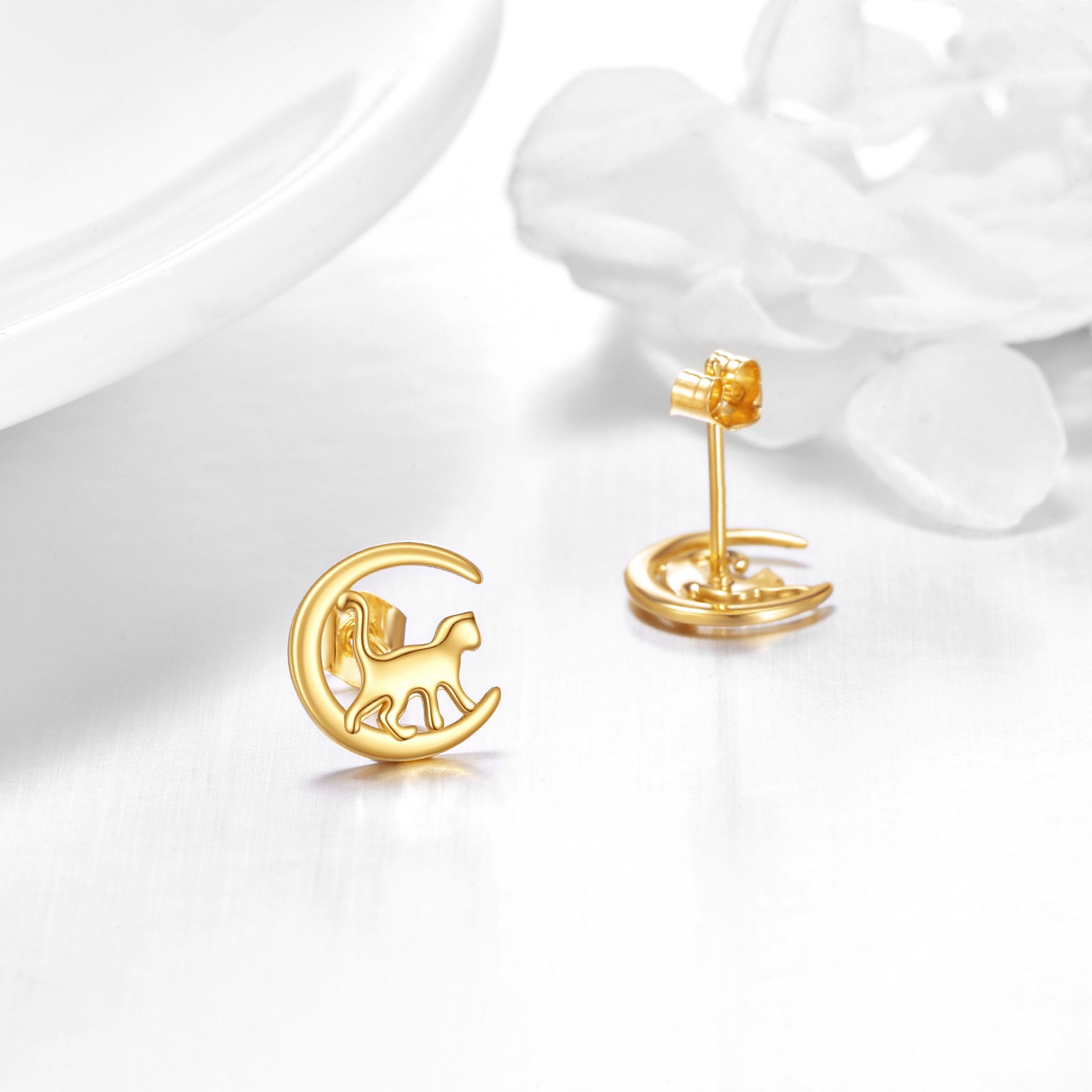 14K Gold Cat & Moon Stud Earrings