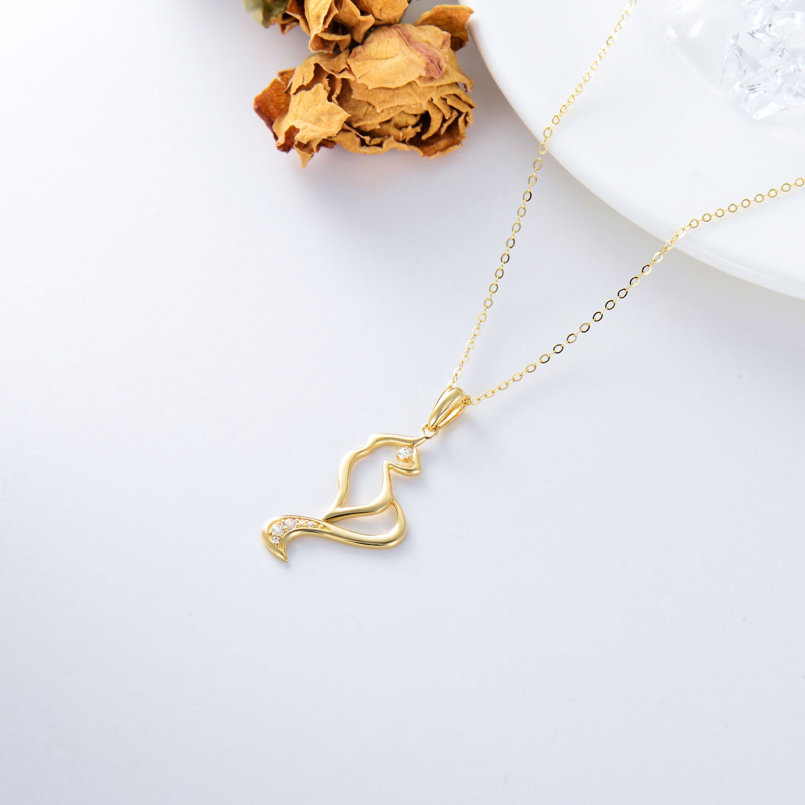 14K Gold Cubic Zirconia Cat Pendant Necklace