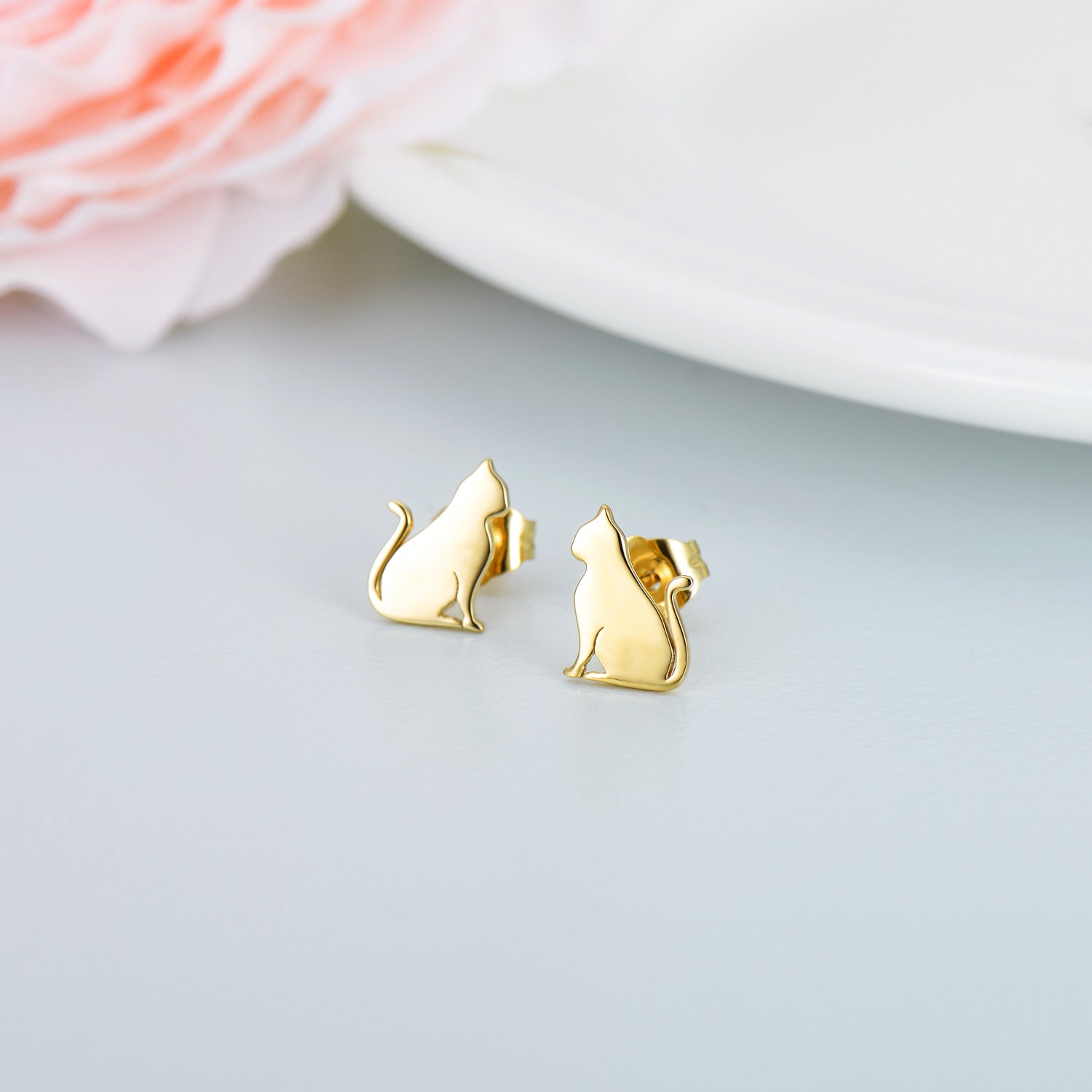 14K Gold Cat Stud Earrings