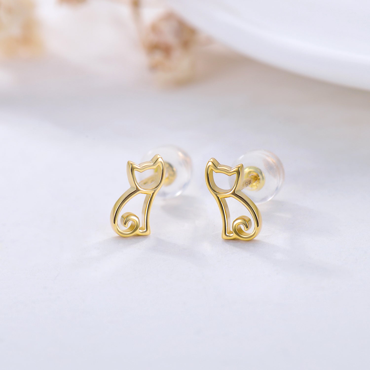 14K Gold Cat Stud Earrings