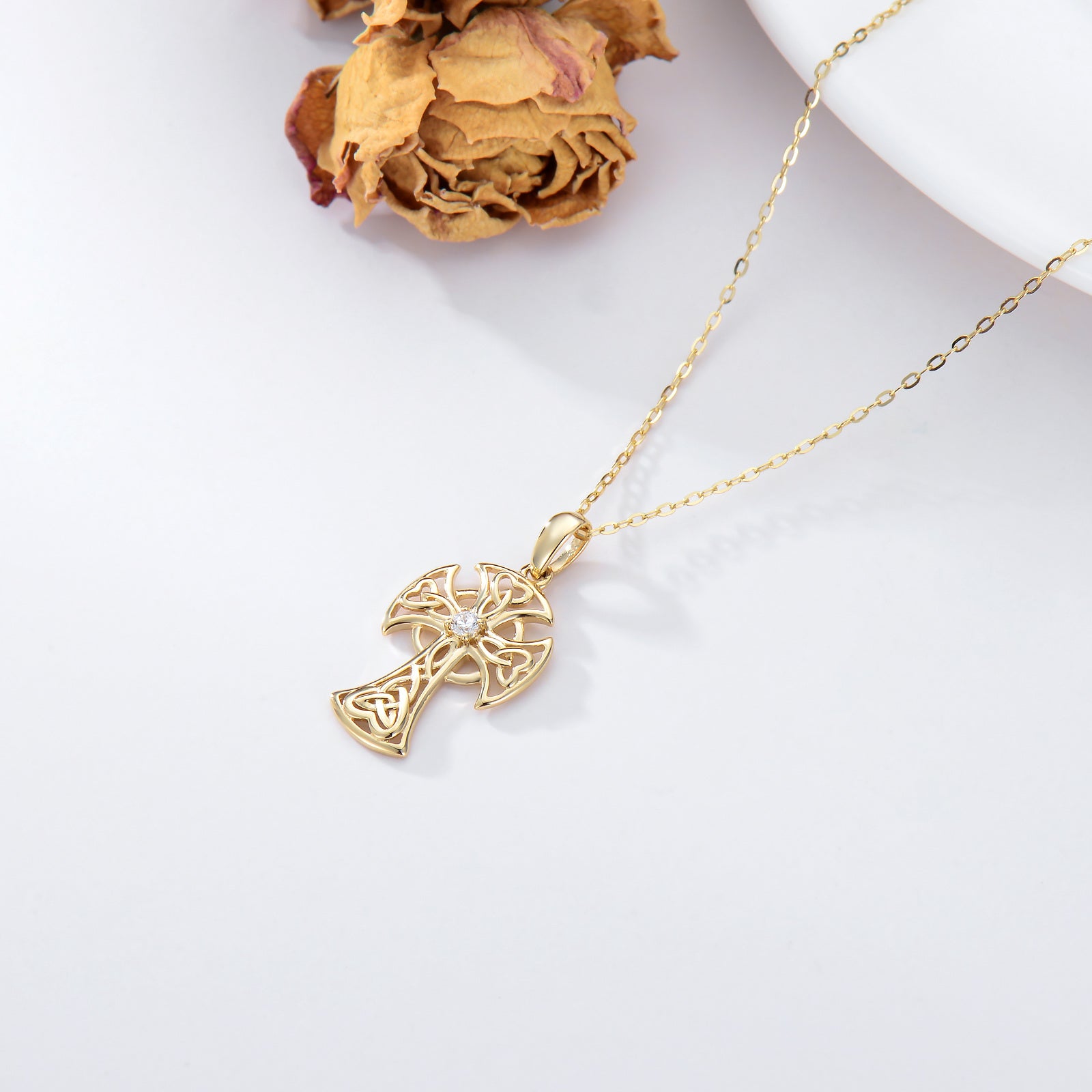 14K Gold Cubic Zirconia Celtic Knot & Cross Pendant Necklace