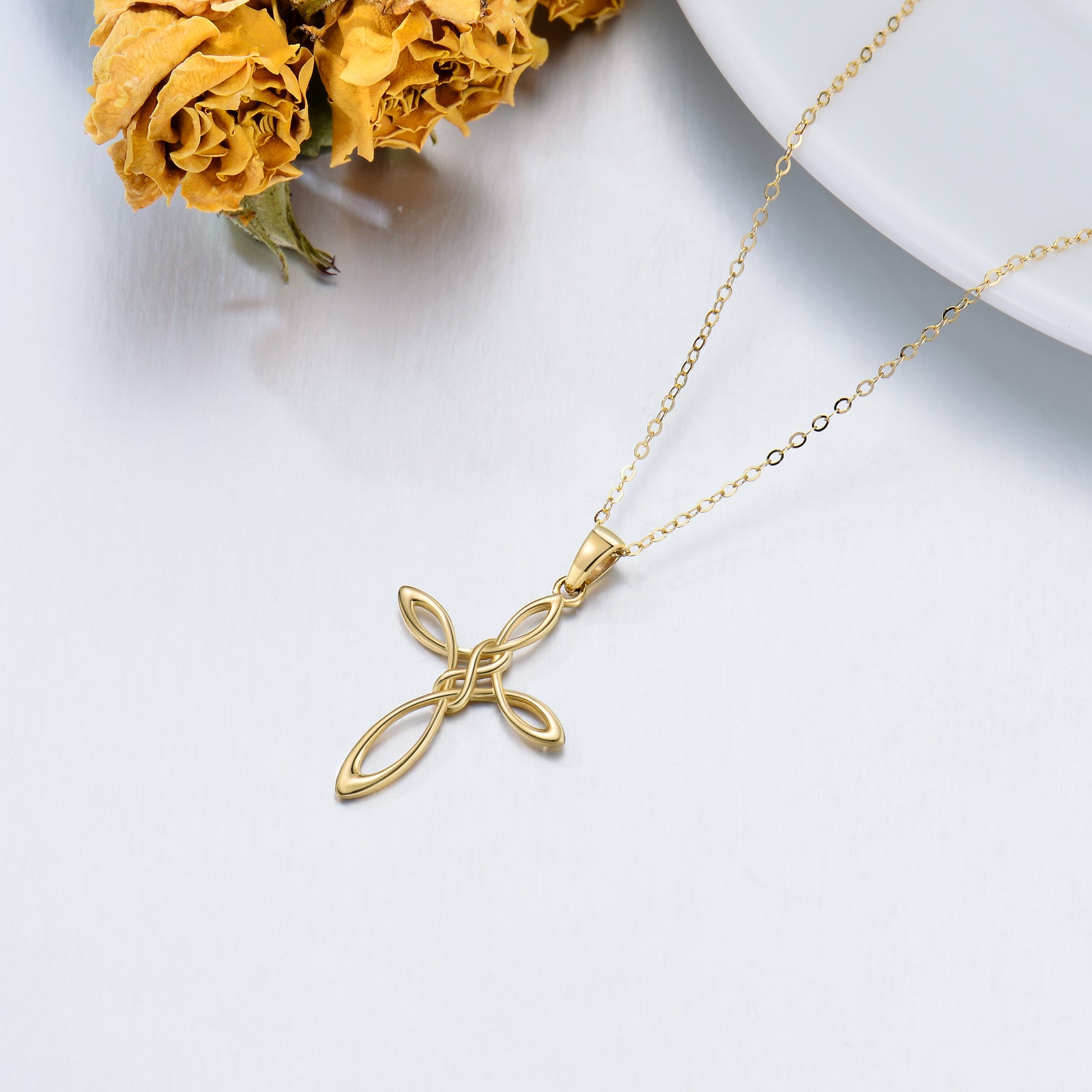 14K Gold Celtic Knot & Cross Pendant Necklace