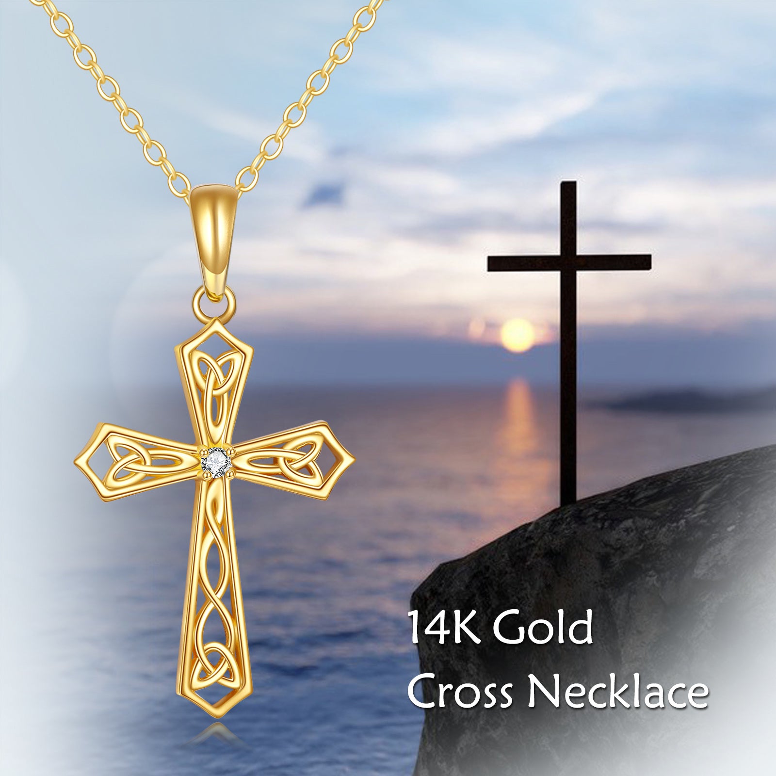 14K Gold Cubic Zirconia Celtic Knot & Cross Pendant Necklace