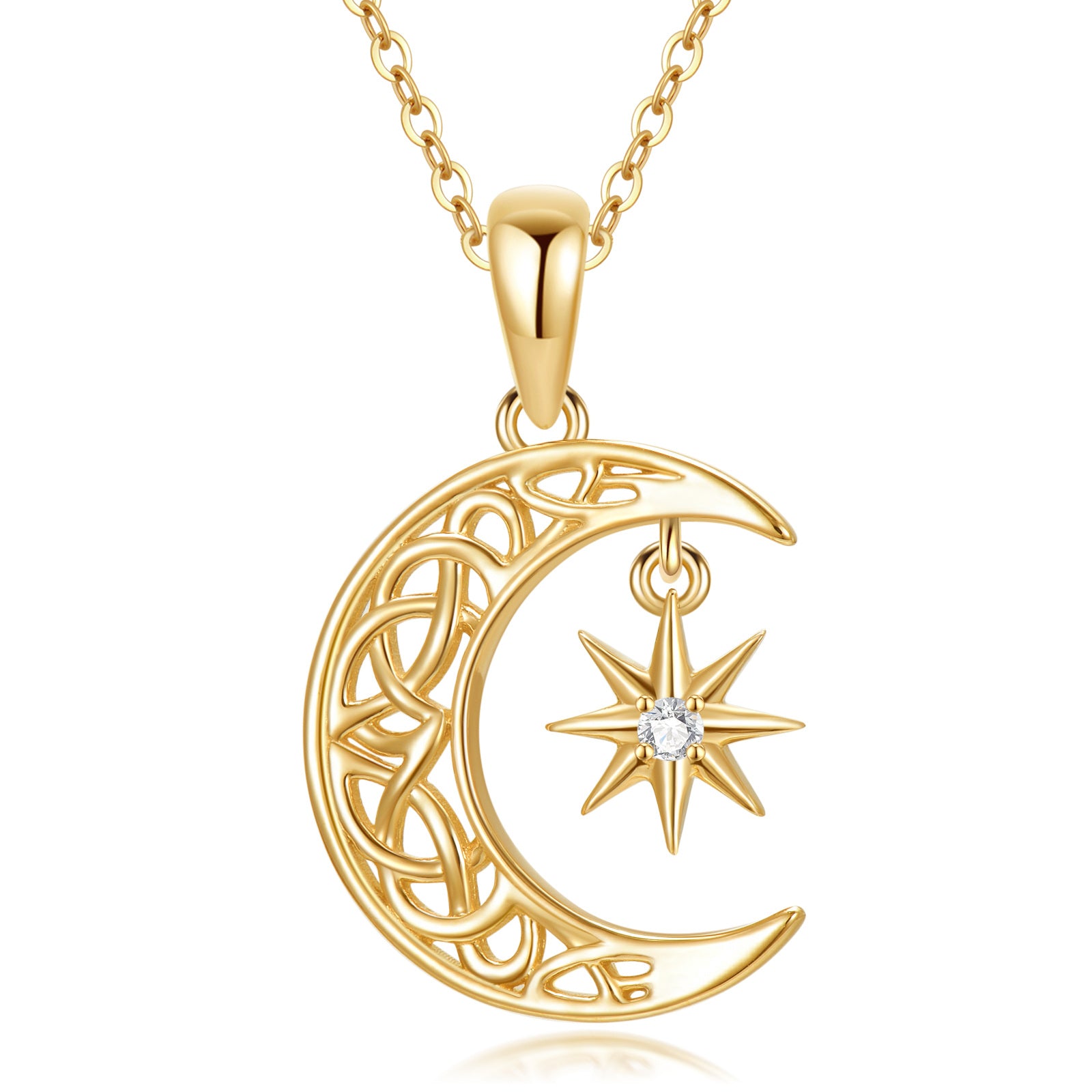 14K Gold Cubic Zirconia Celtic Knot & Moon & Star Necklaces