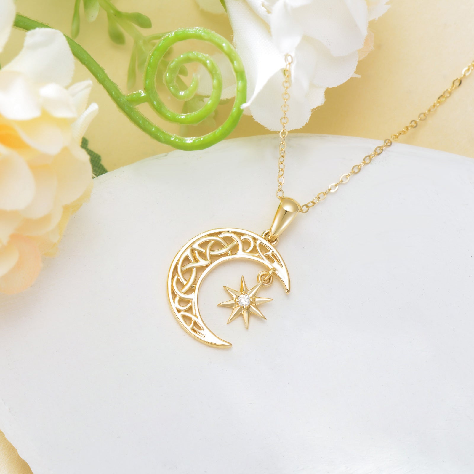 14K Gold Cubic Zirconia Celtic Knot & Moon & Star Necklaces