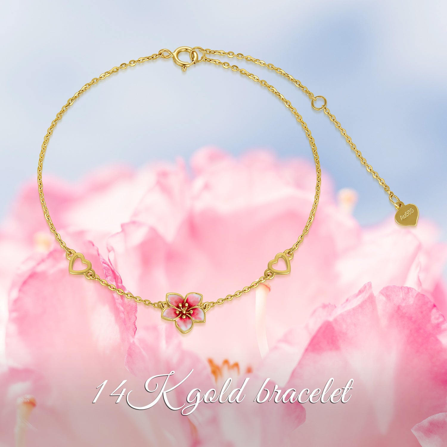 14K Gold Cherry Blossom & Heart Charm Bracelet