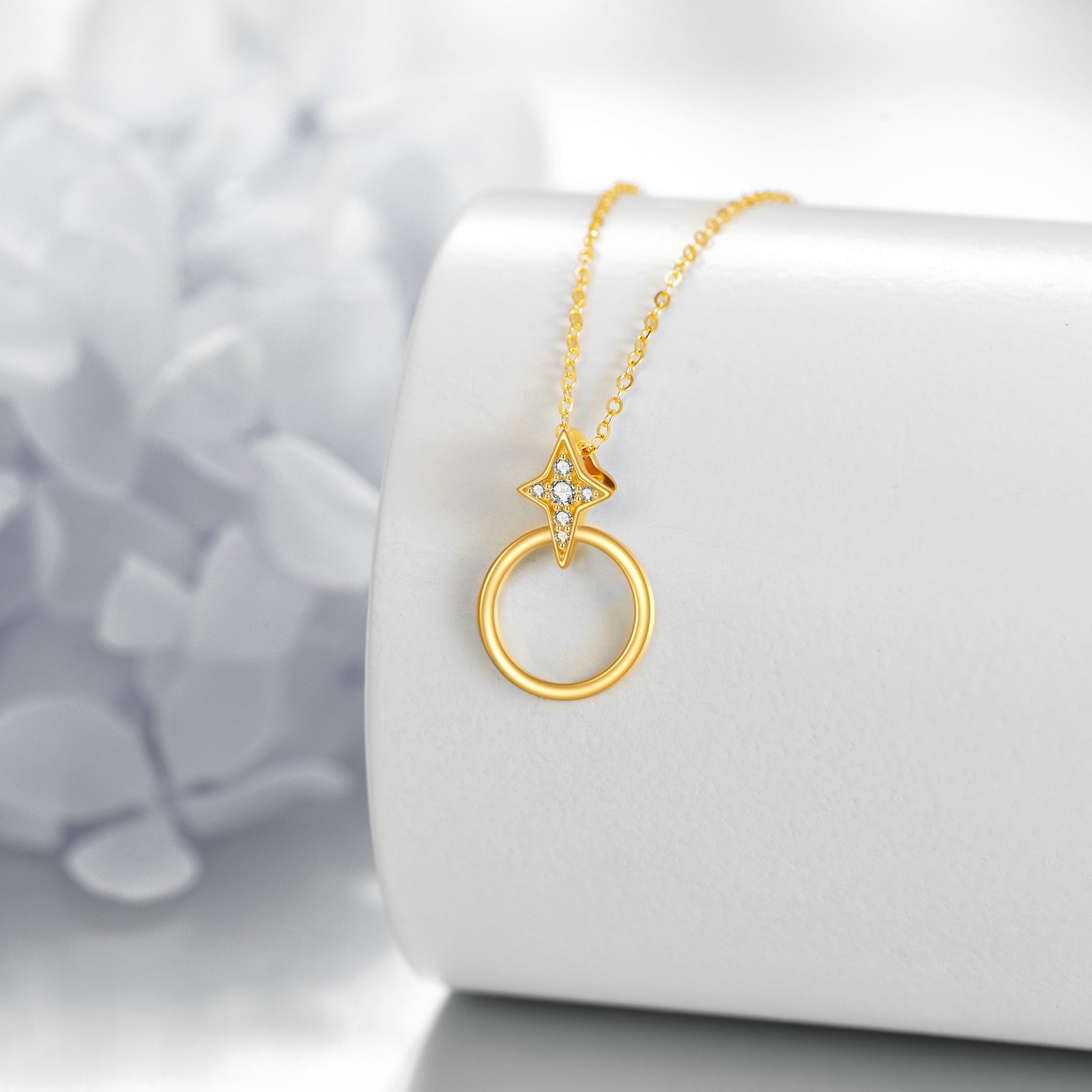 14K Gold Cubic Zirconia Circle & Star Pendant Necklace