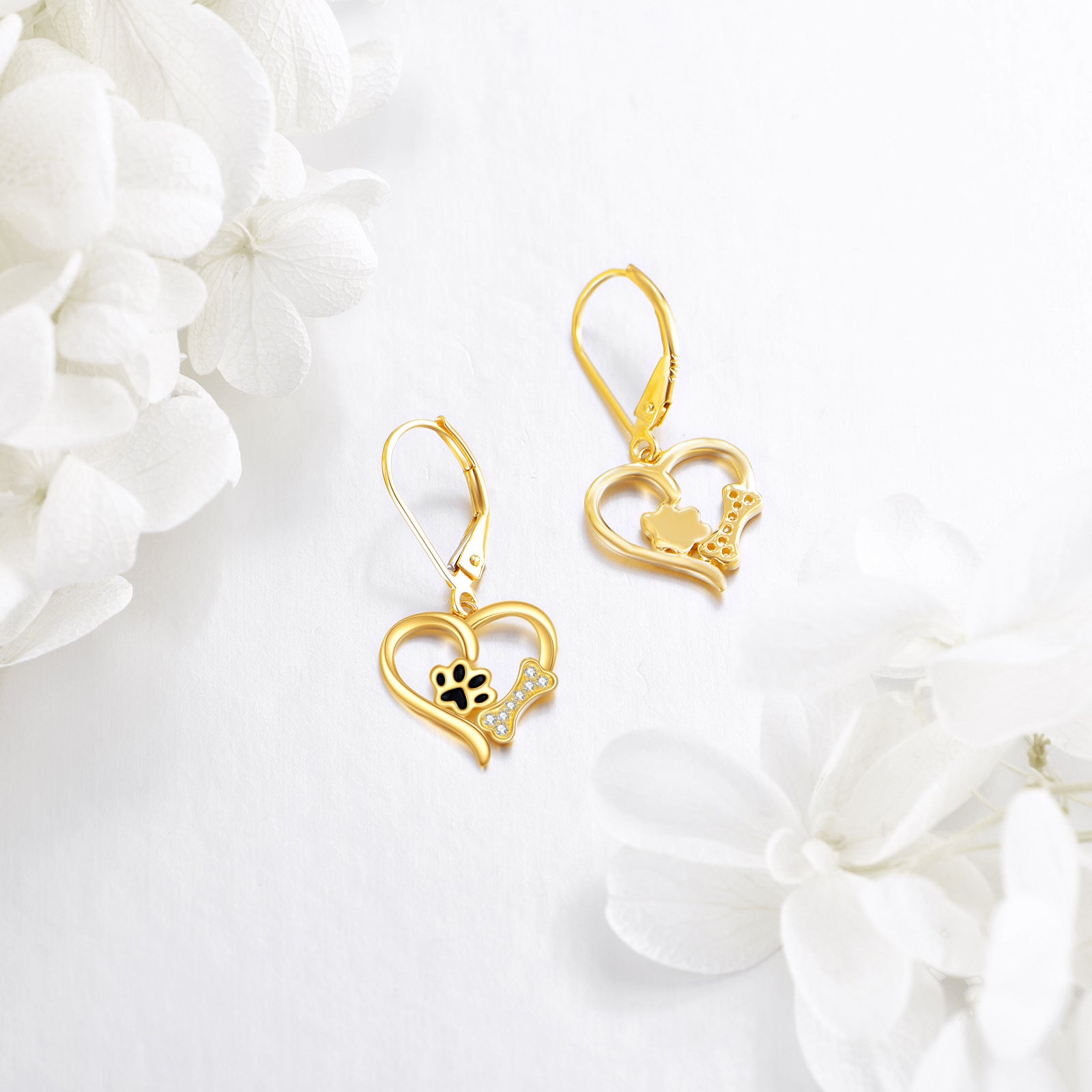 14K Yellow Gold Circular Cubic Zirconia Paw With Bone Heart Lever-Back Earrings For Women