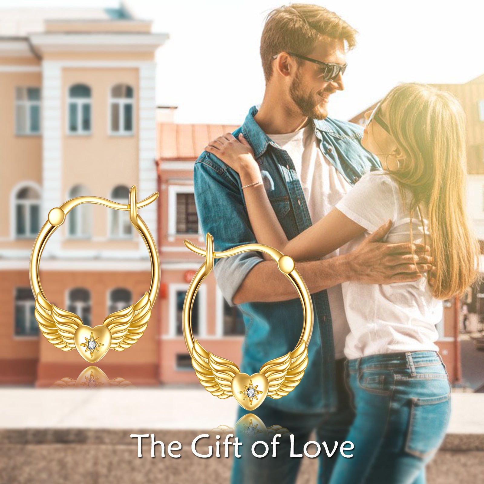 14K Gold Circular Shaped Cubic Zirconia Angel Wing Drop Earrings