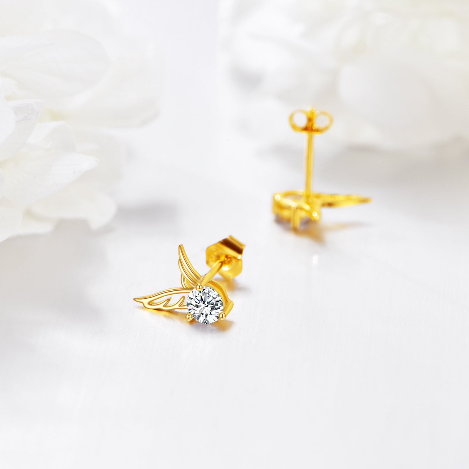 14K Gold Circular Shaped Cubic Zirconia Angel Wing Stud Earrings