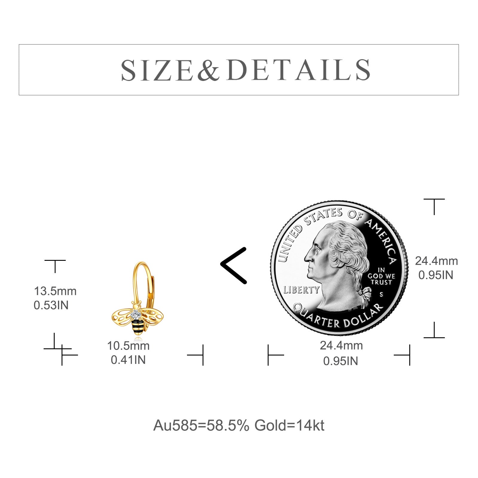 14K Gold Circular Shaped Cubic Zirconia Bee Lever-back Earrings
