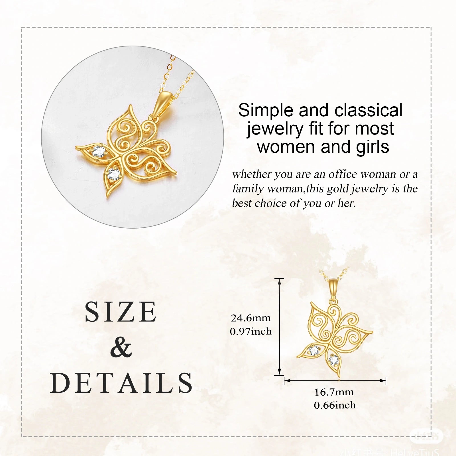 14K Gold Circular Shaped Cubic Zirconia Butterfly Pendant Necklace