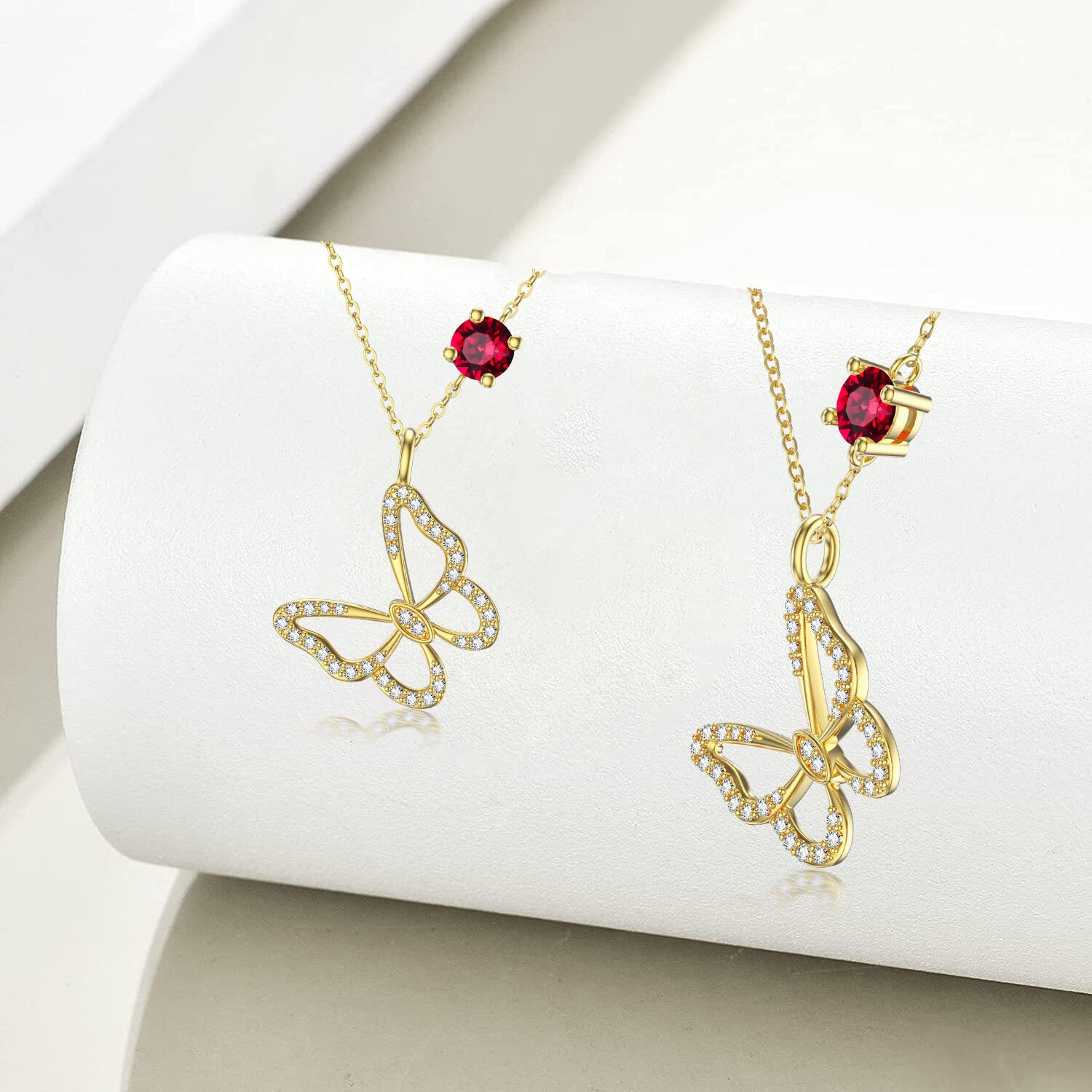 14K Gold Circular Shaped Cubic Zirconia Butterfly Pendant Necklace