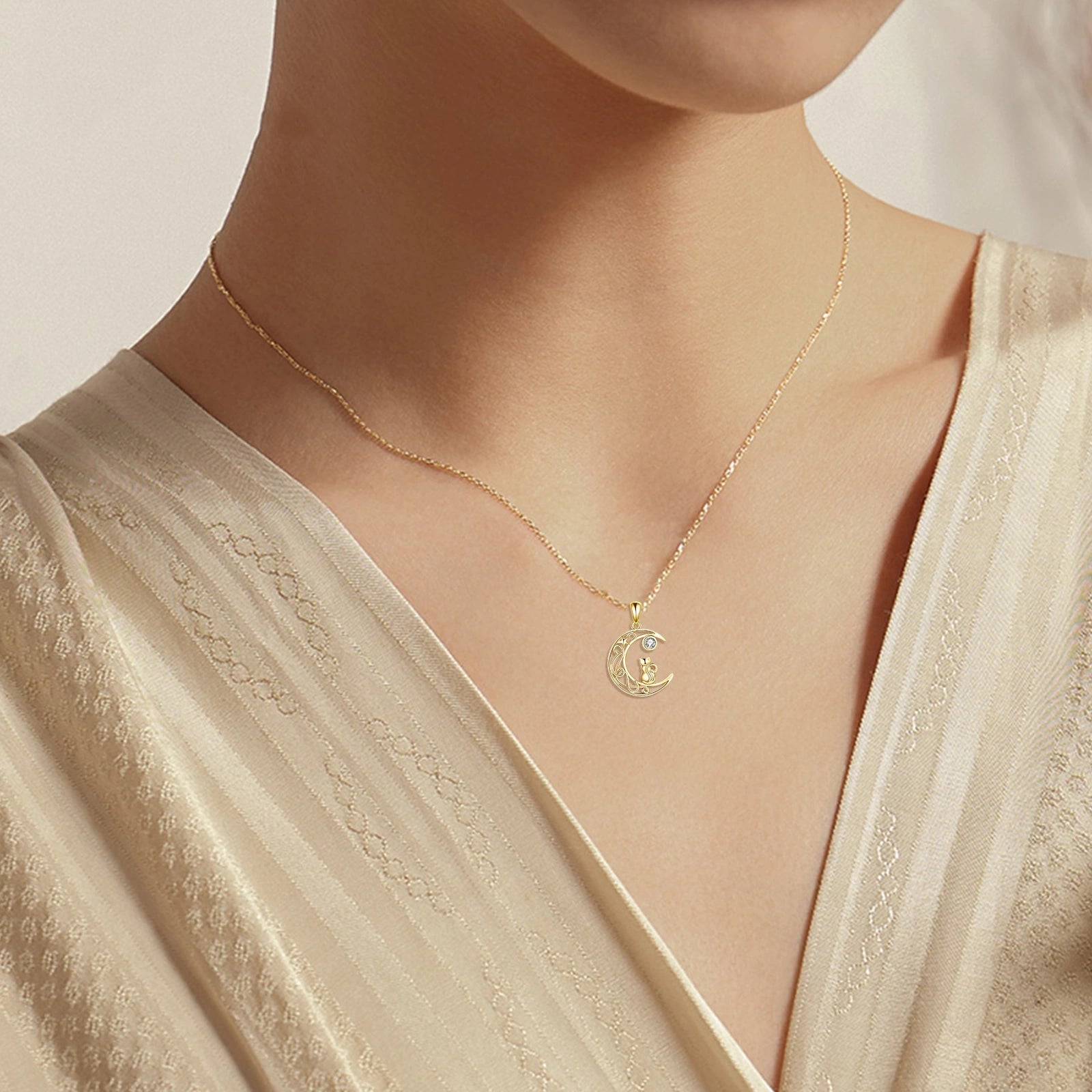 14K Gold Circular Shaped Cubic Zirconia Cat & Moon Pendant Necklace