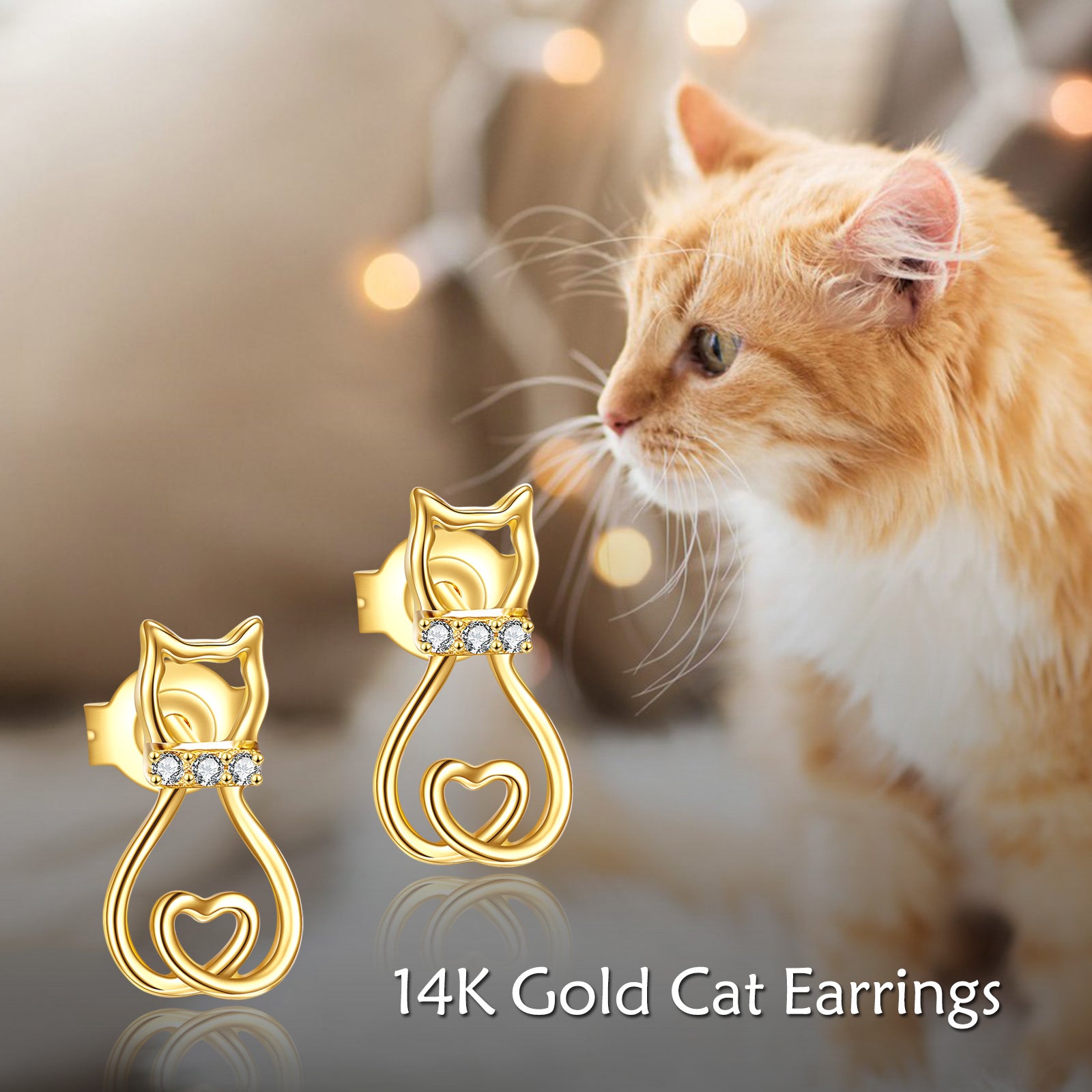 14K Gold Circular Shaped Cubic Zirconia Cat Stud Earrings