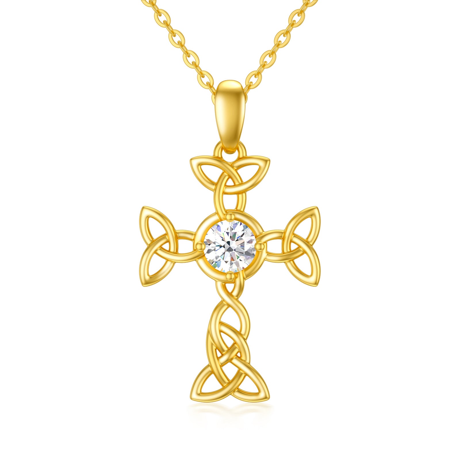 14K Gold Circular Shaped Cubic Zirconia Celtic Knot & Cross Pendant Necklace