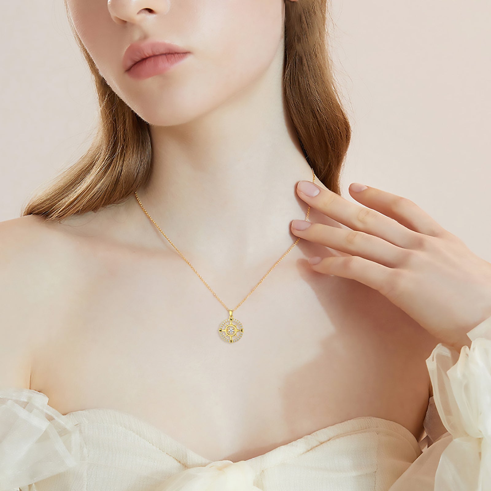 14K Gold Circular Cubic Zirconia Compass Pendant Necklace With Letter For Women
