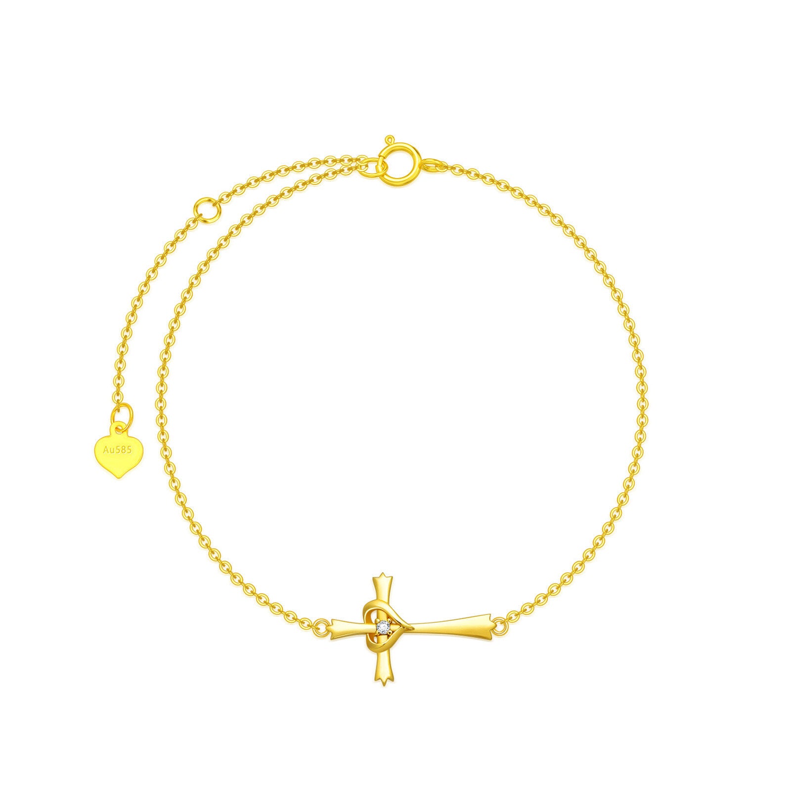 14K Gold Circular Shaped Cubic Zirconia Cross & Heart Charm Bracelet