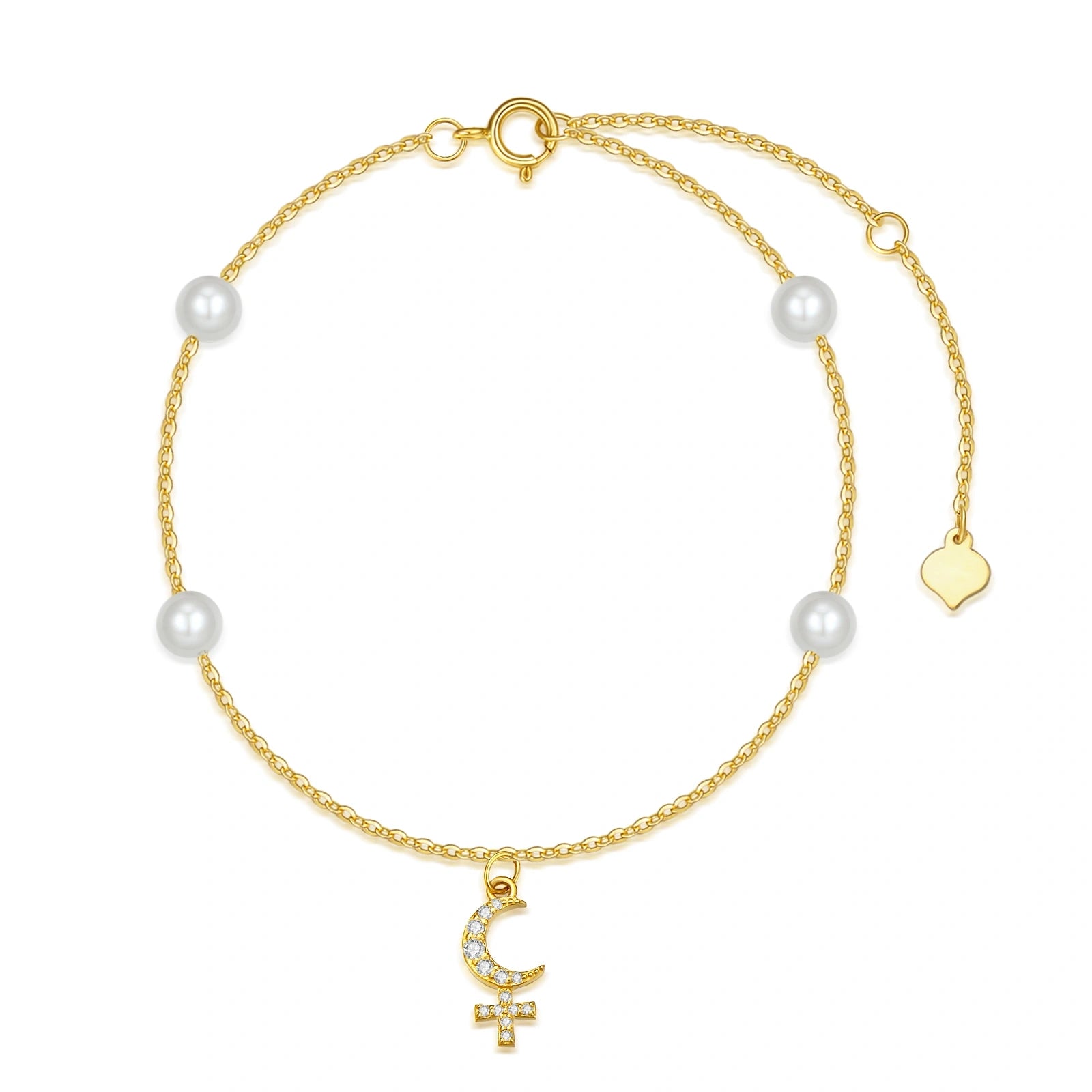 14K Gold Circular Shaped Cubic Zirconia Cross & Moon Charm Bracelet