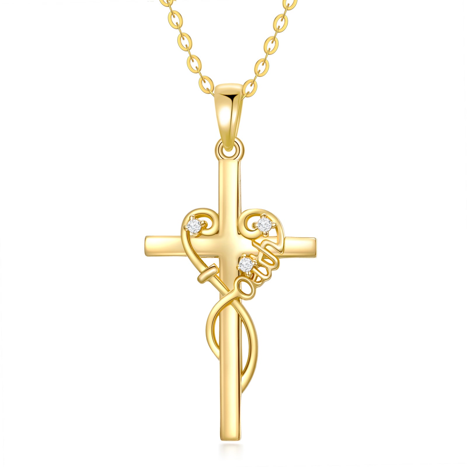 14K Gold Circular Shaped Cubic Zirconia Cross Pendant Necklace
