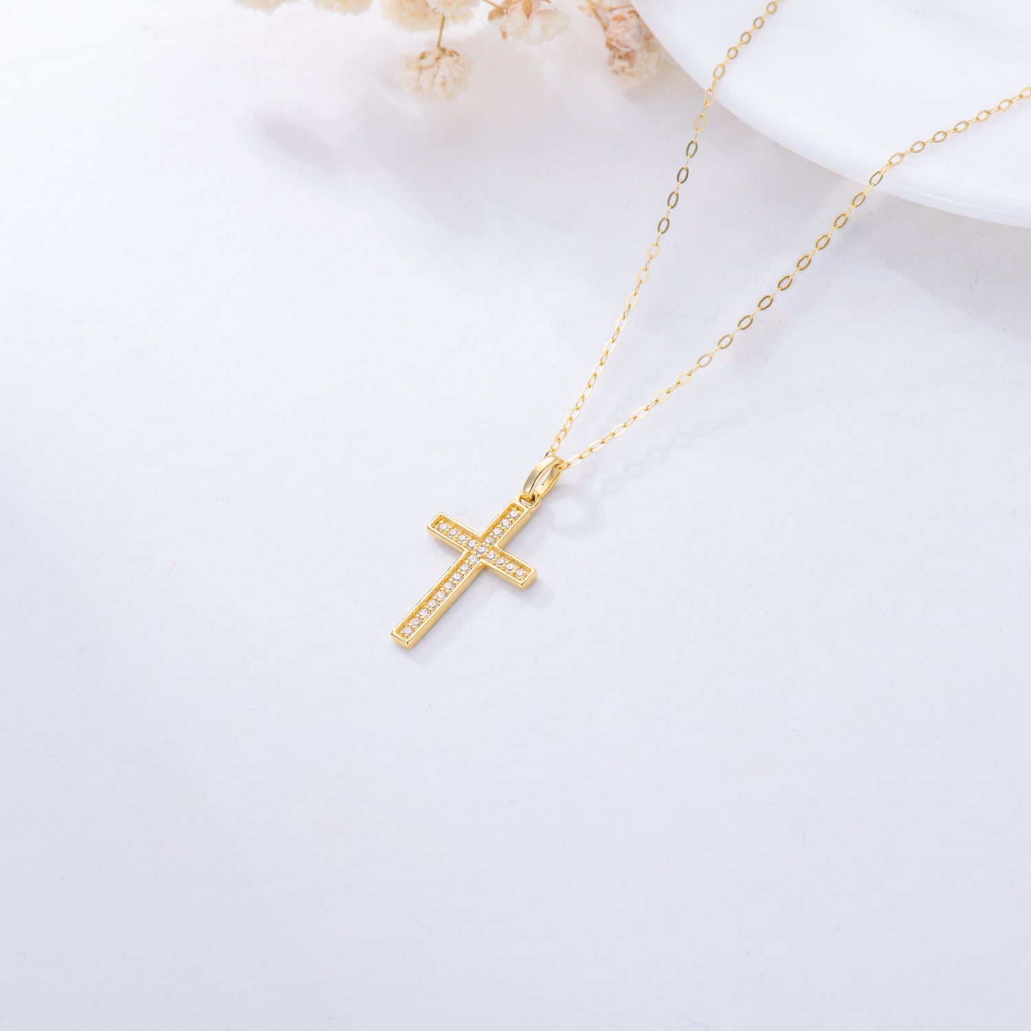 14K Gold Circular Shaped Cubic Zirconia Cross Pendant Necklace