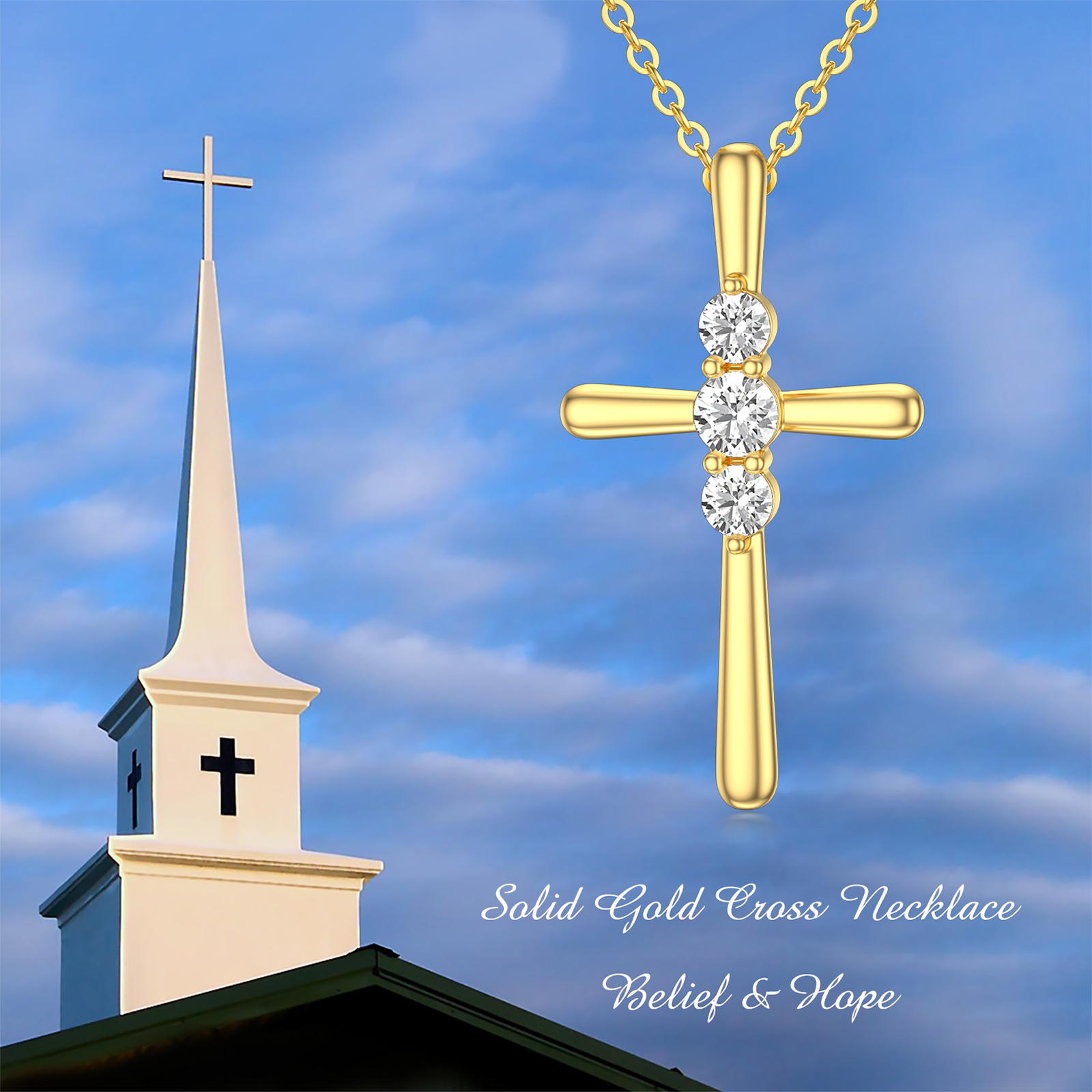 14K Gold Circular Shaped Cubic Zirconia Cross Pendant Necklace
