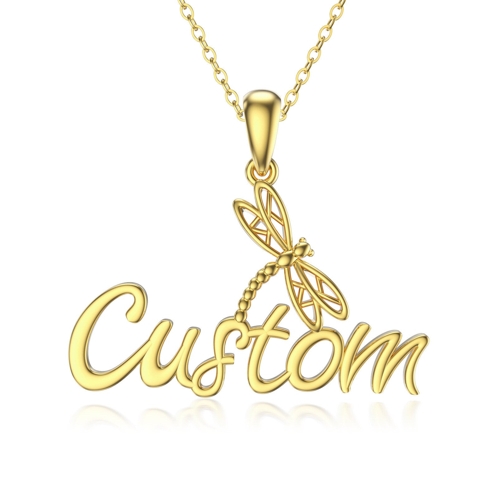 14K Gold Circular Shaped Crystal Dragonfly Pendant Necklace